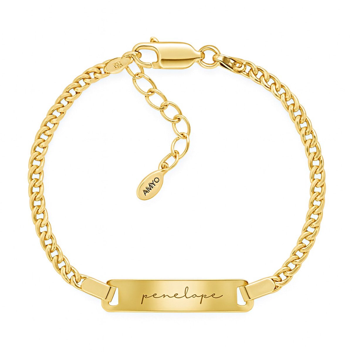 Gold vermeil curb chain ID bracelet engraved with a name, with a lobster clasp, on a white background