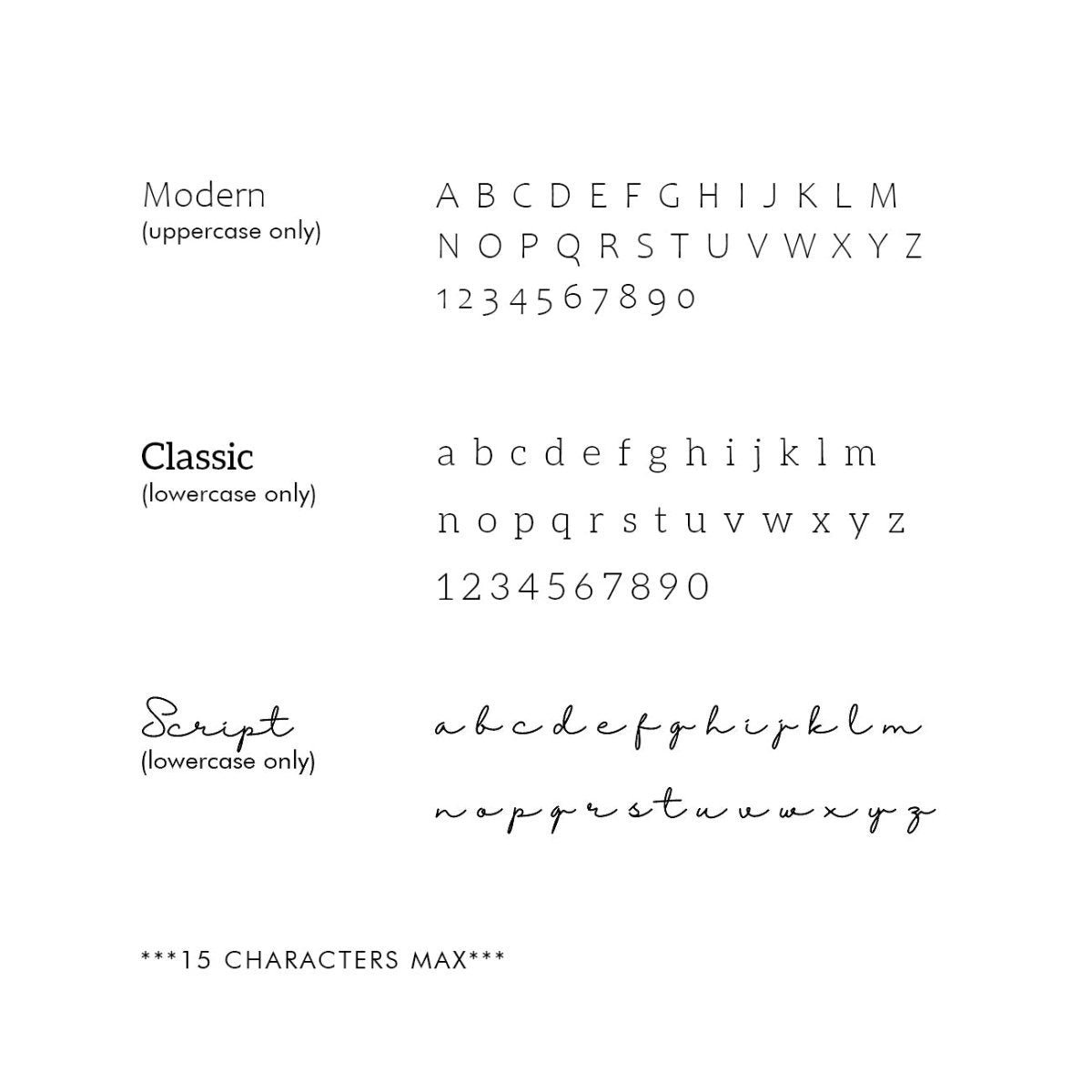 Engraving font options guide for the ID bracelet, showing modern, classic and script styles