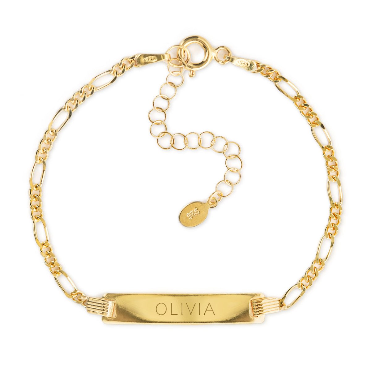 Gold vermeil Figaro chain ID bracelet engraved with a name, with a spring-ring clasp, on a white background