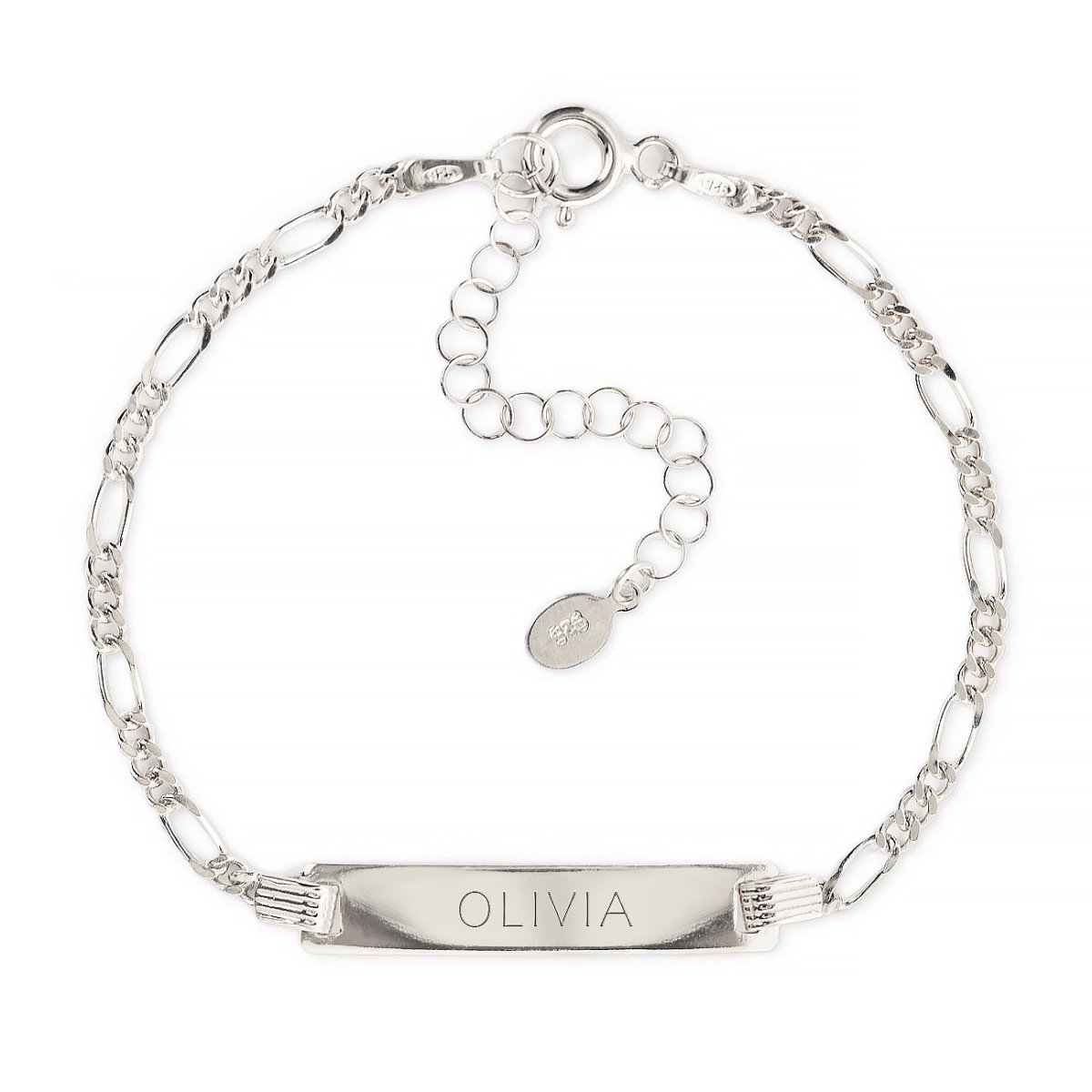 Sterling silver Figaro chain ID bracelet engraved with a name, with a spring-ring clasp, on a white background