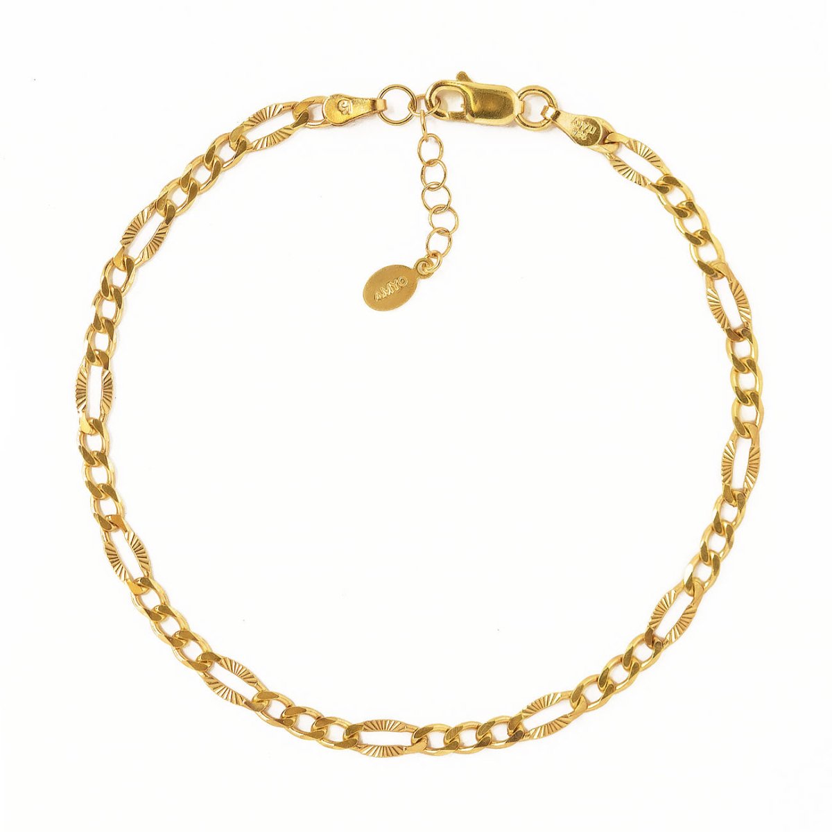 Gold vermeil faceted Figaro chain bracelet with a lobster clasp, on a white background