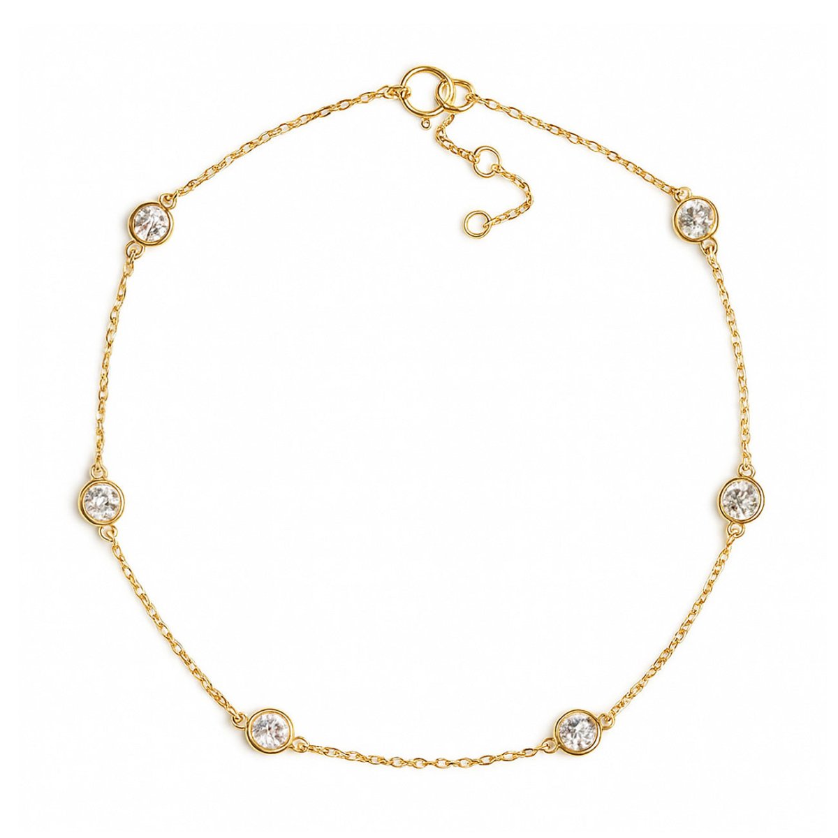 Gold vermeil station chain bracelet with round bezel-set white zirconia, on a white background