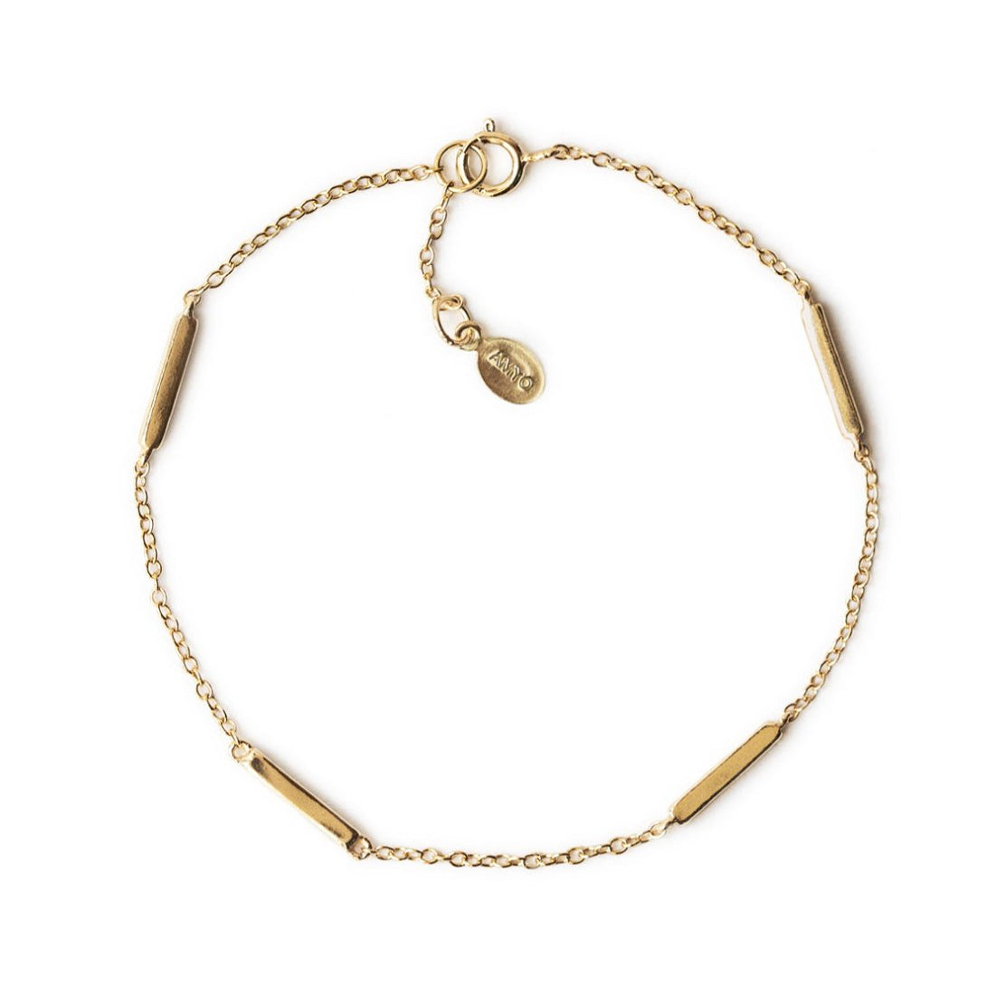 Gold vermeil bar station bracelet with a spring-ring clasp, laid flat on a white background