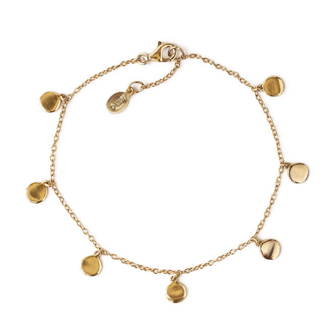 Gold vermeil bracelet with seven small round disc charms dangling from a fine chain, on a white background