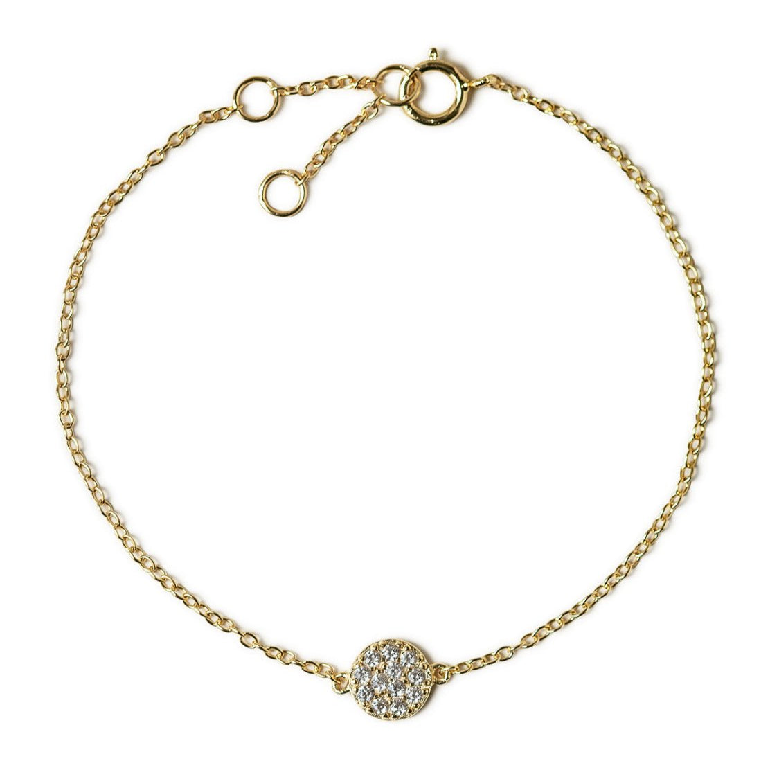 Gold vermeil thin chain bracelet with a round zirconia pavé disc, on a white background
