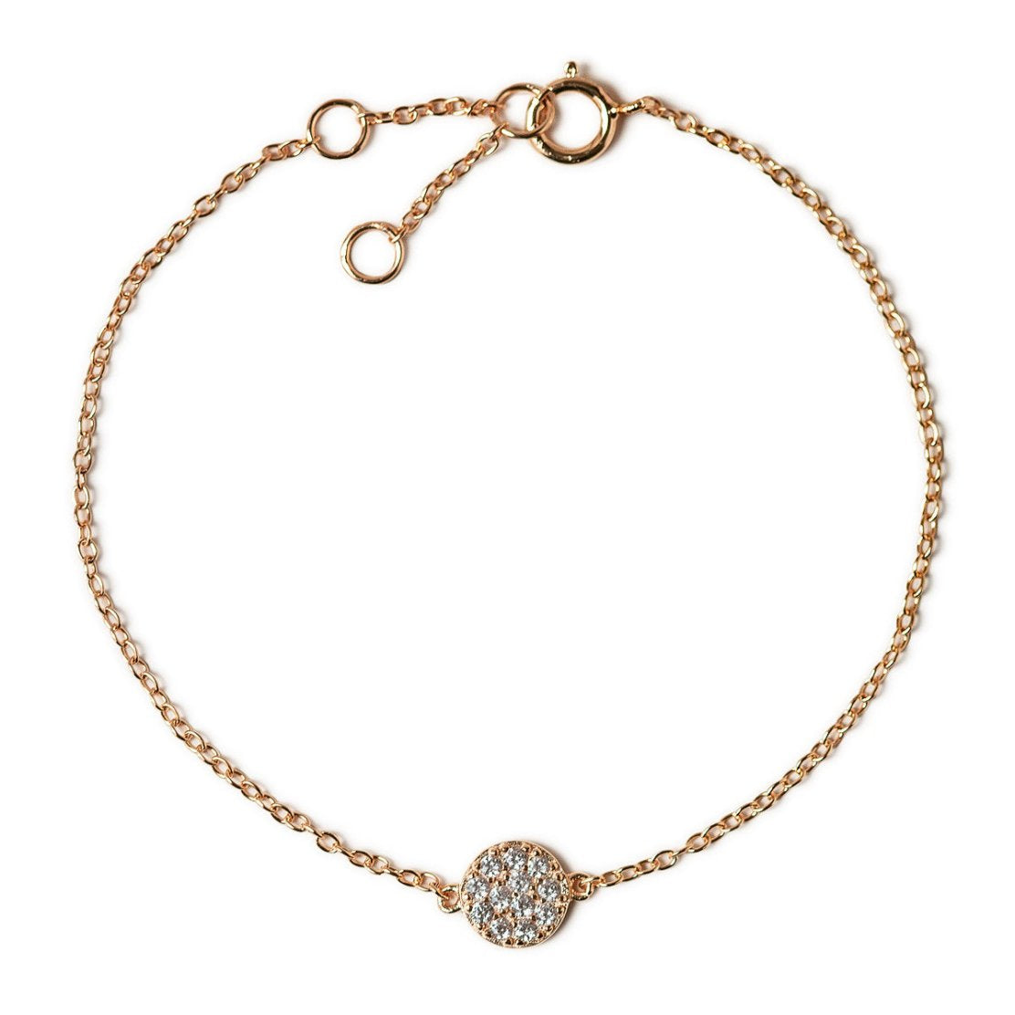 Rose gold vermeil thin chain bracelet with a round zirconia pavé disc, on a white background