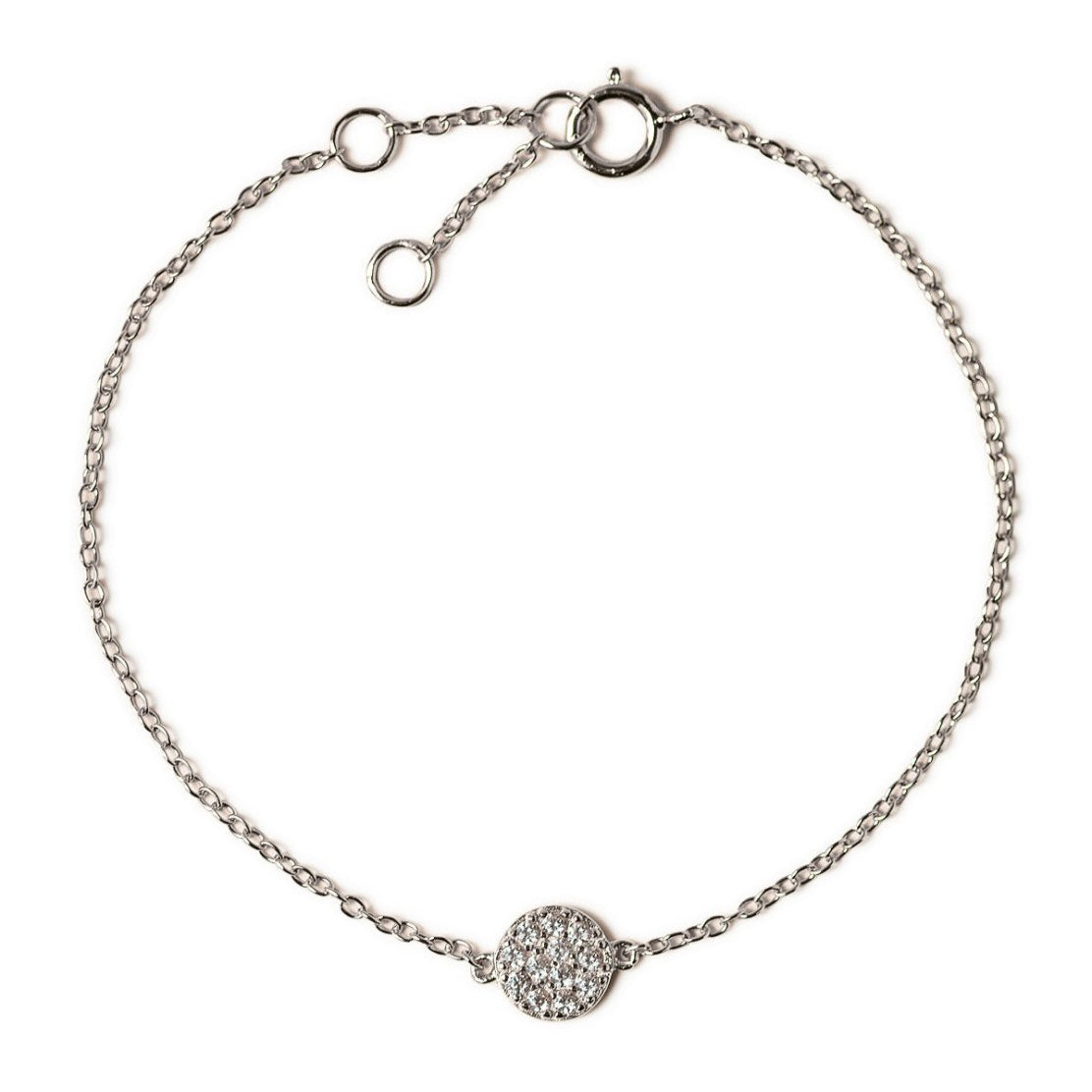 Sterling silver thin chain bracelet with a round zirconia pavé disc, on a white background