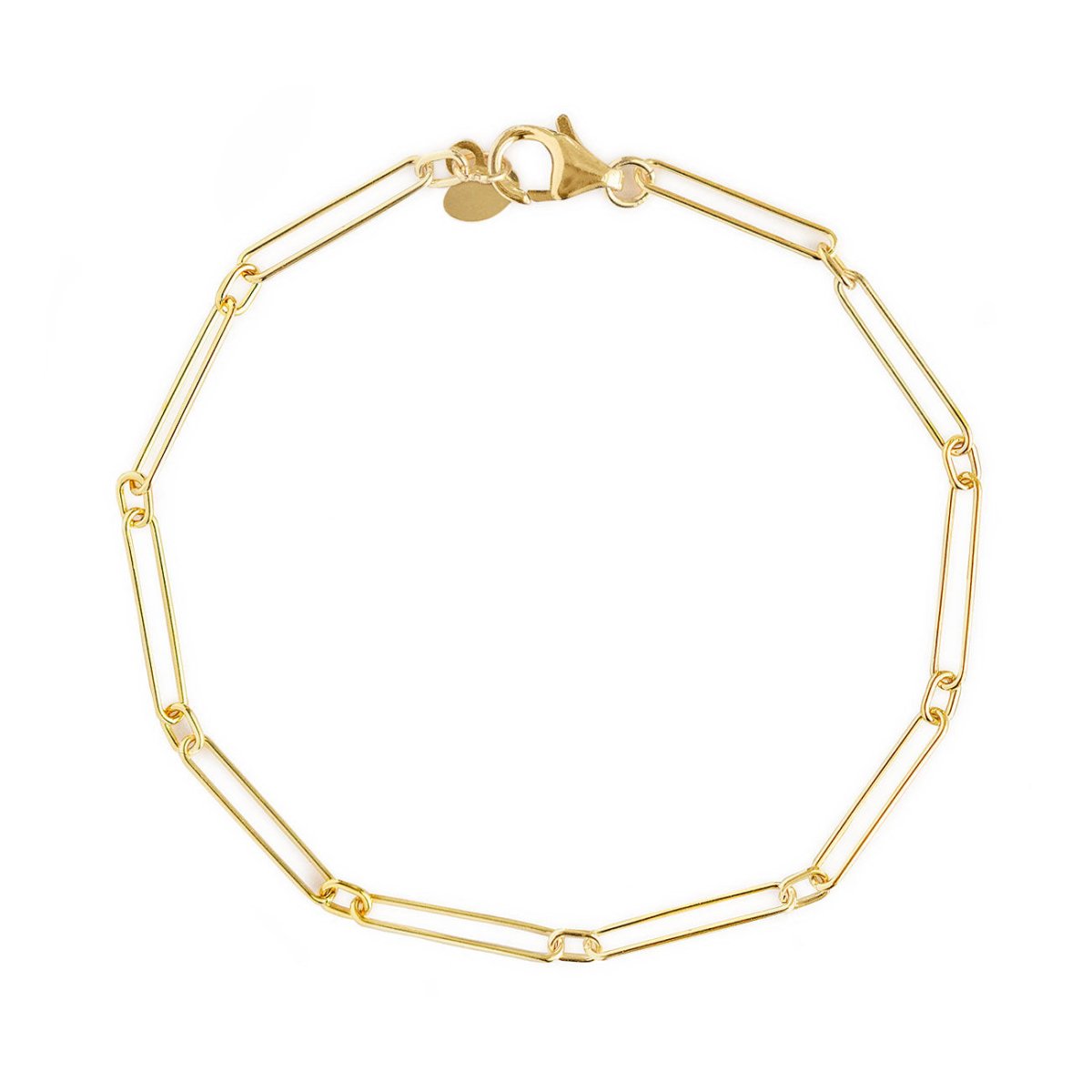 14K gold paperclip chain link bracelet with a lobster clasp, laid on a white background