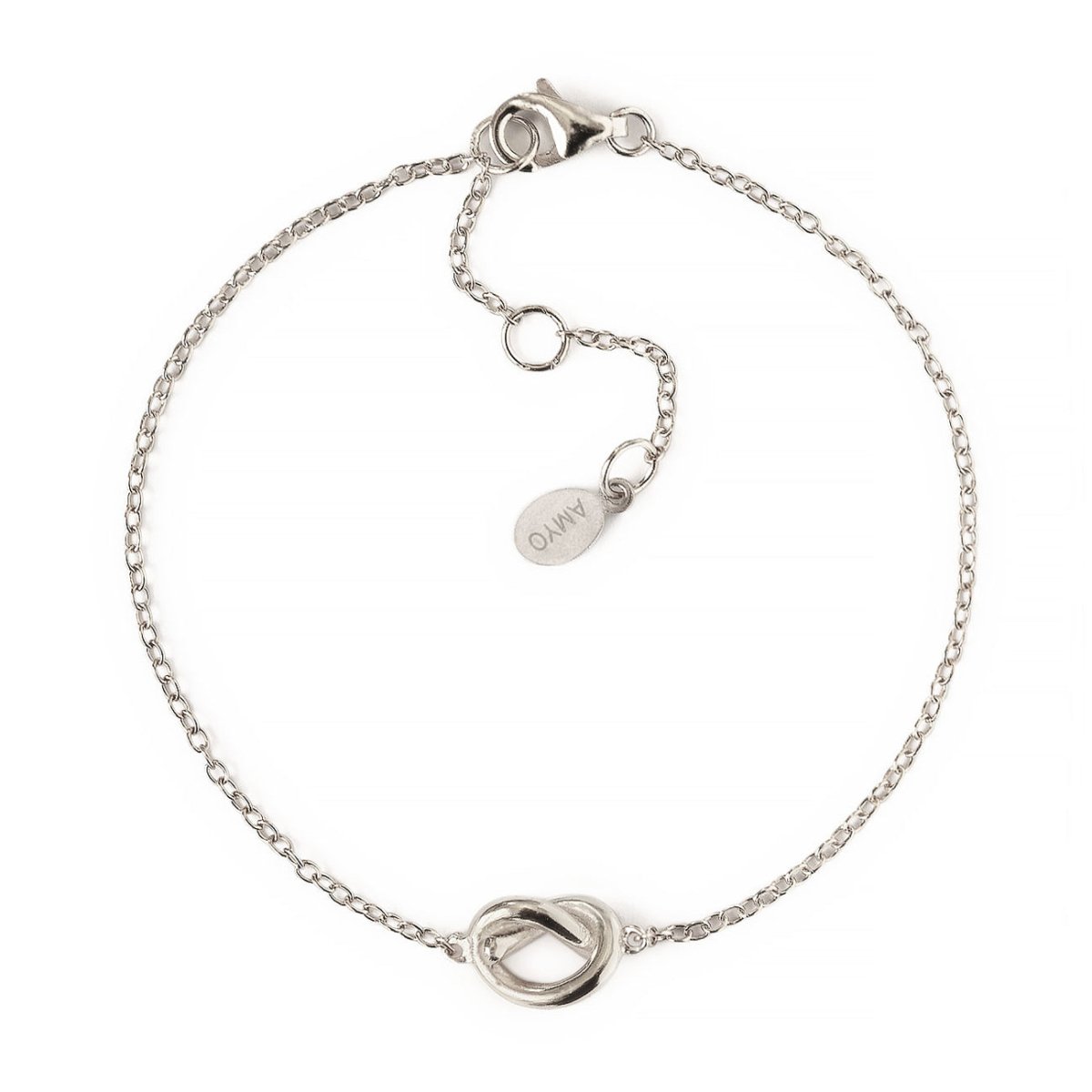 Sterling silver love knot chain bracelet with a lobster clasp, on a white background