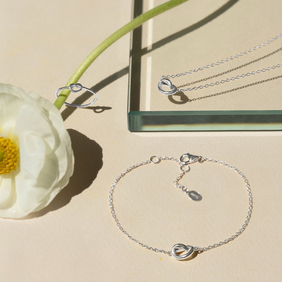 Sterling silver love knot bracelet with a lobster clasp, laid on a cream background beside a white flower