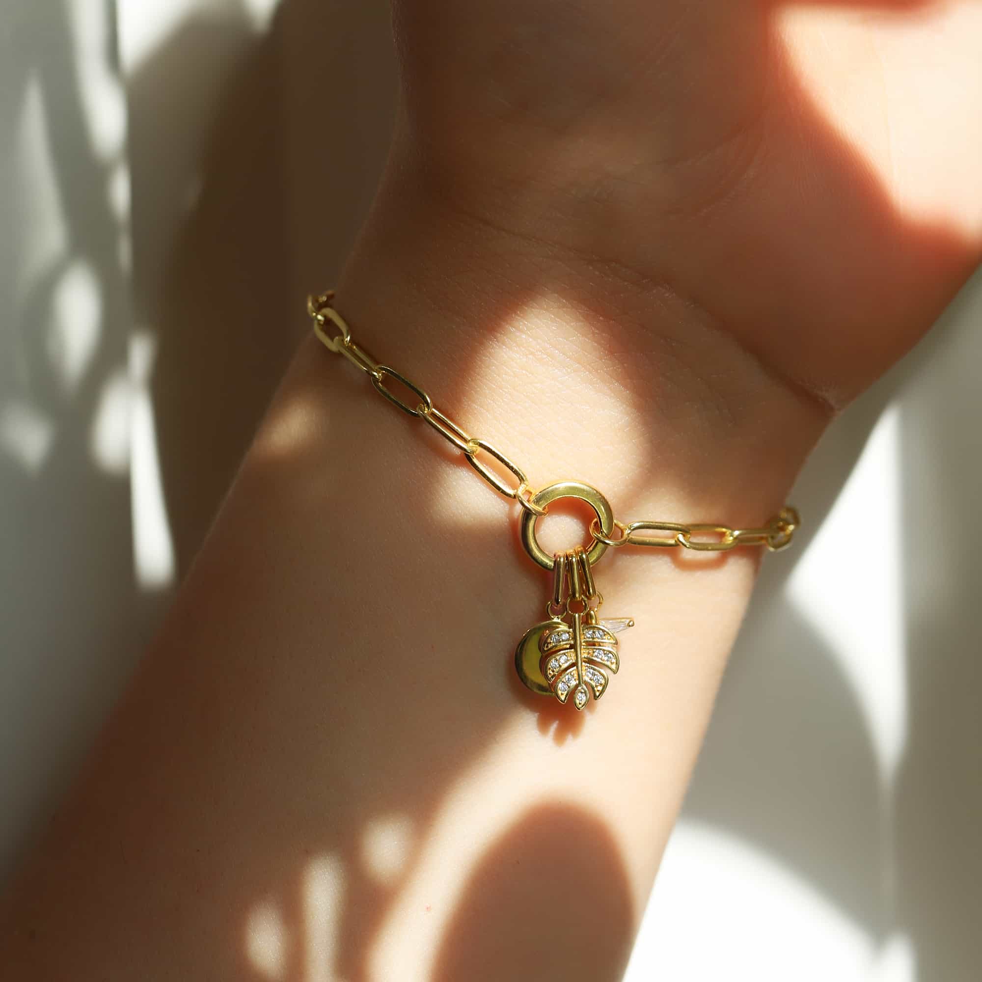 Gold vermeil paperclip charm bracelet with a disc and leaf cluster, close-up on a model's wrist