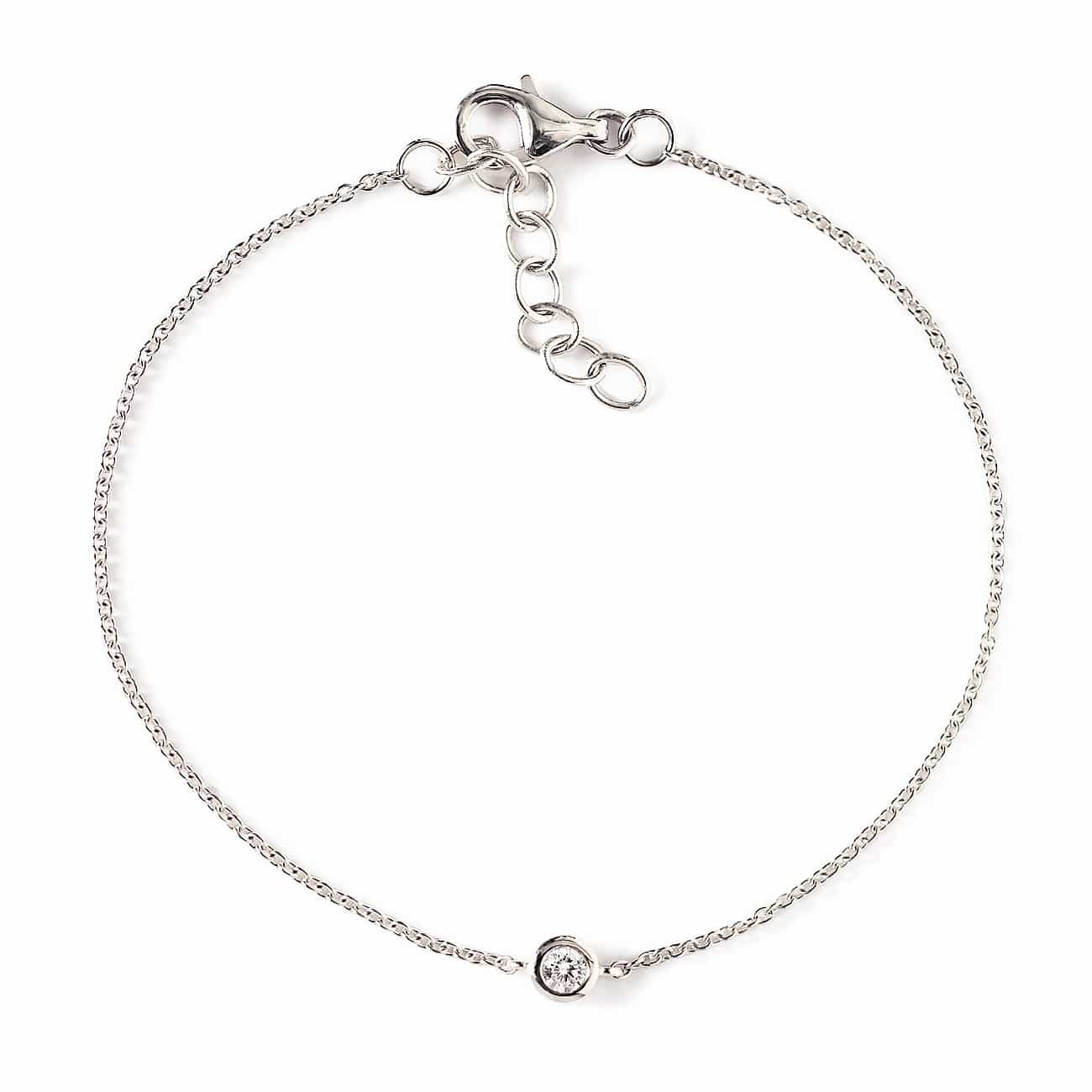 14K white gold chain bracelet with a bezel-set diamond and lobster clasp, on a white background