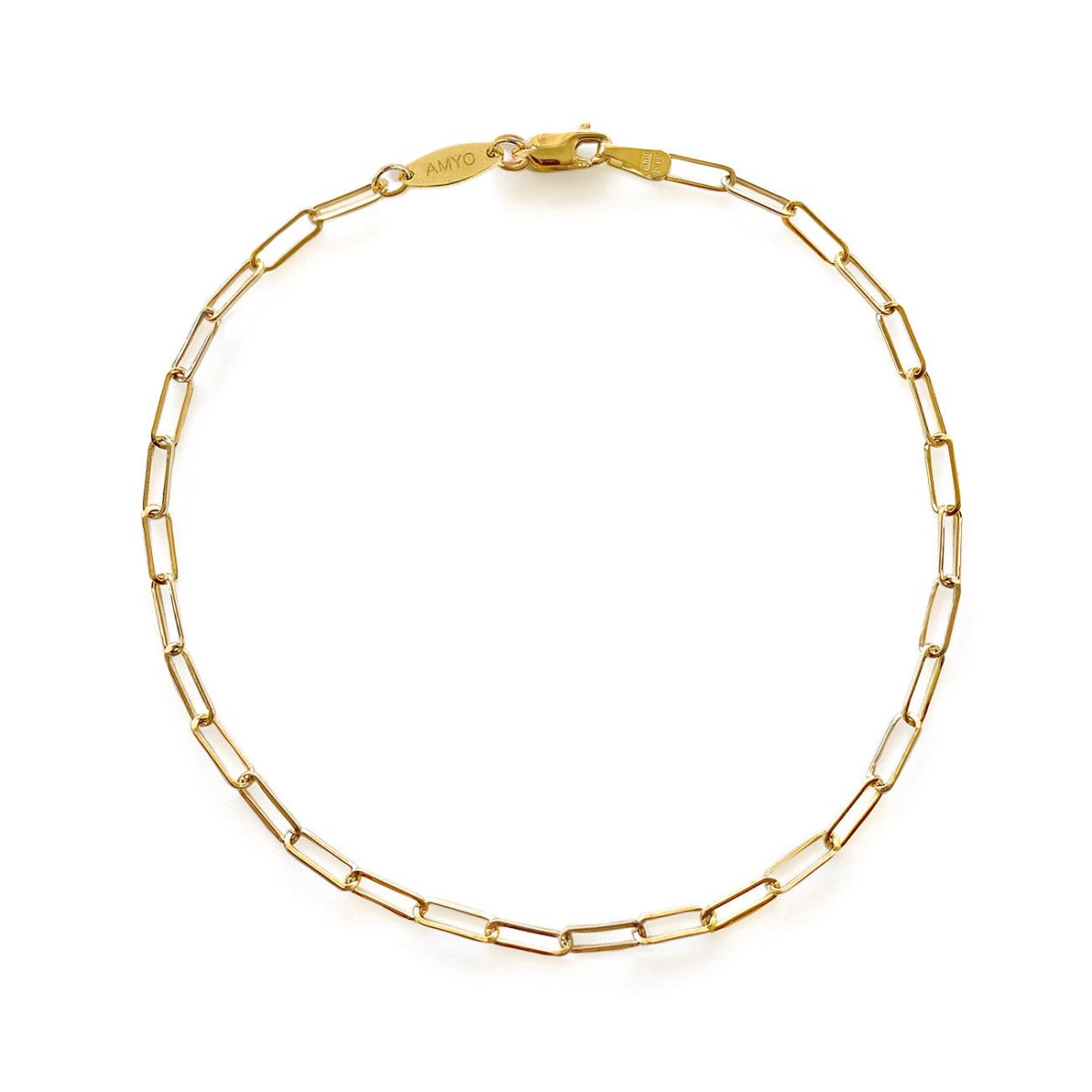 14K gold paperclip chain bracelet with a lobster clasp, laid on a white background