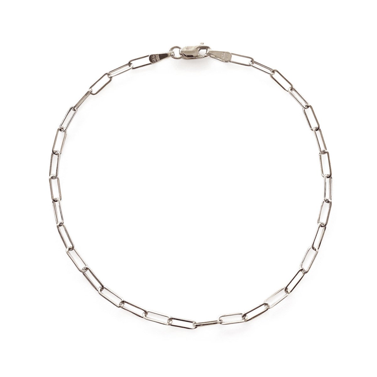 14K white gold paperclip chain bracelet with a lobster clasp, laid on a white background
