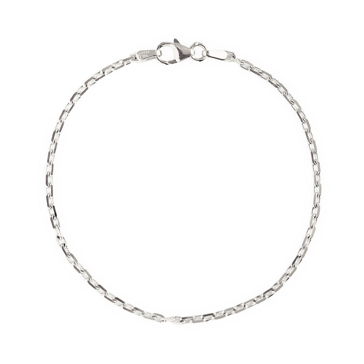 14K white gold cable chain bracelet with a lobster clasp, laid flat on a white background