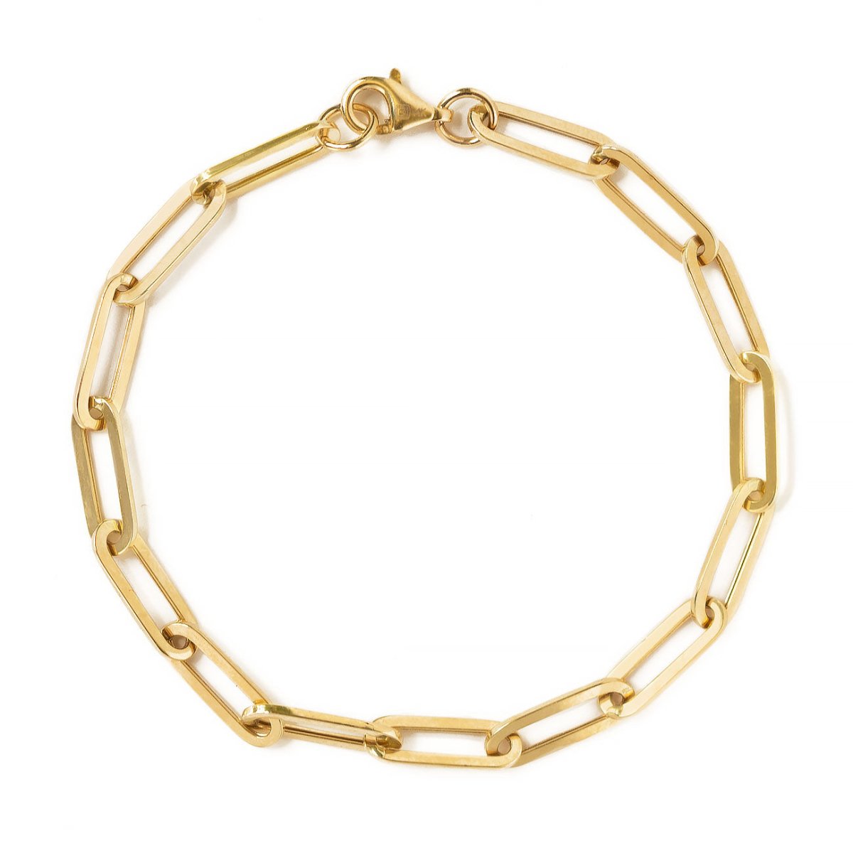 14K gold paperclip chain bracelet with a lobster clasp, laid on a white background