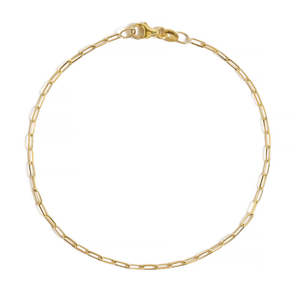 14K gold thin paperclip chain link bracelet with a lobster clasp, on a white background