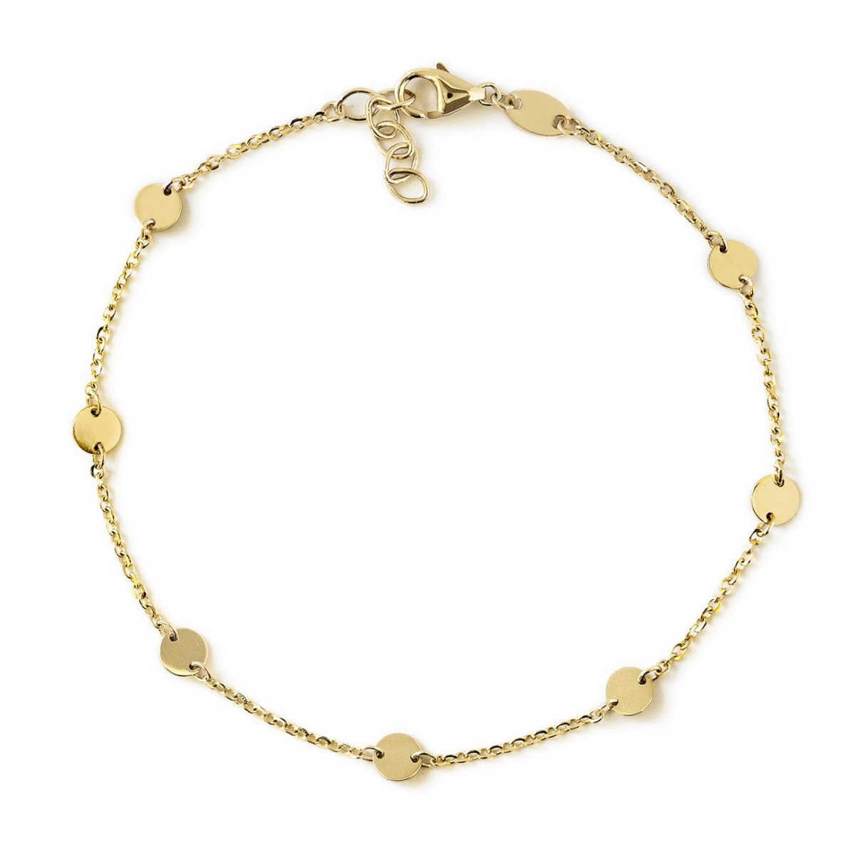 14K gold eternity disc bracelet with round flat discs along the chain, on a white background