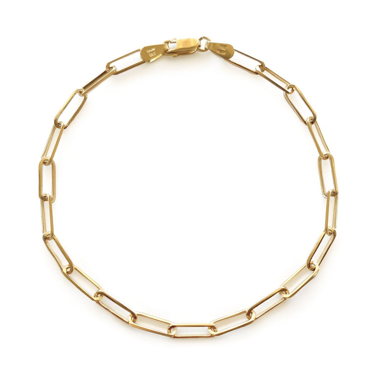 14K gold paperclip chain bracelet with a lobster clasp, laid in a circle on a white background