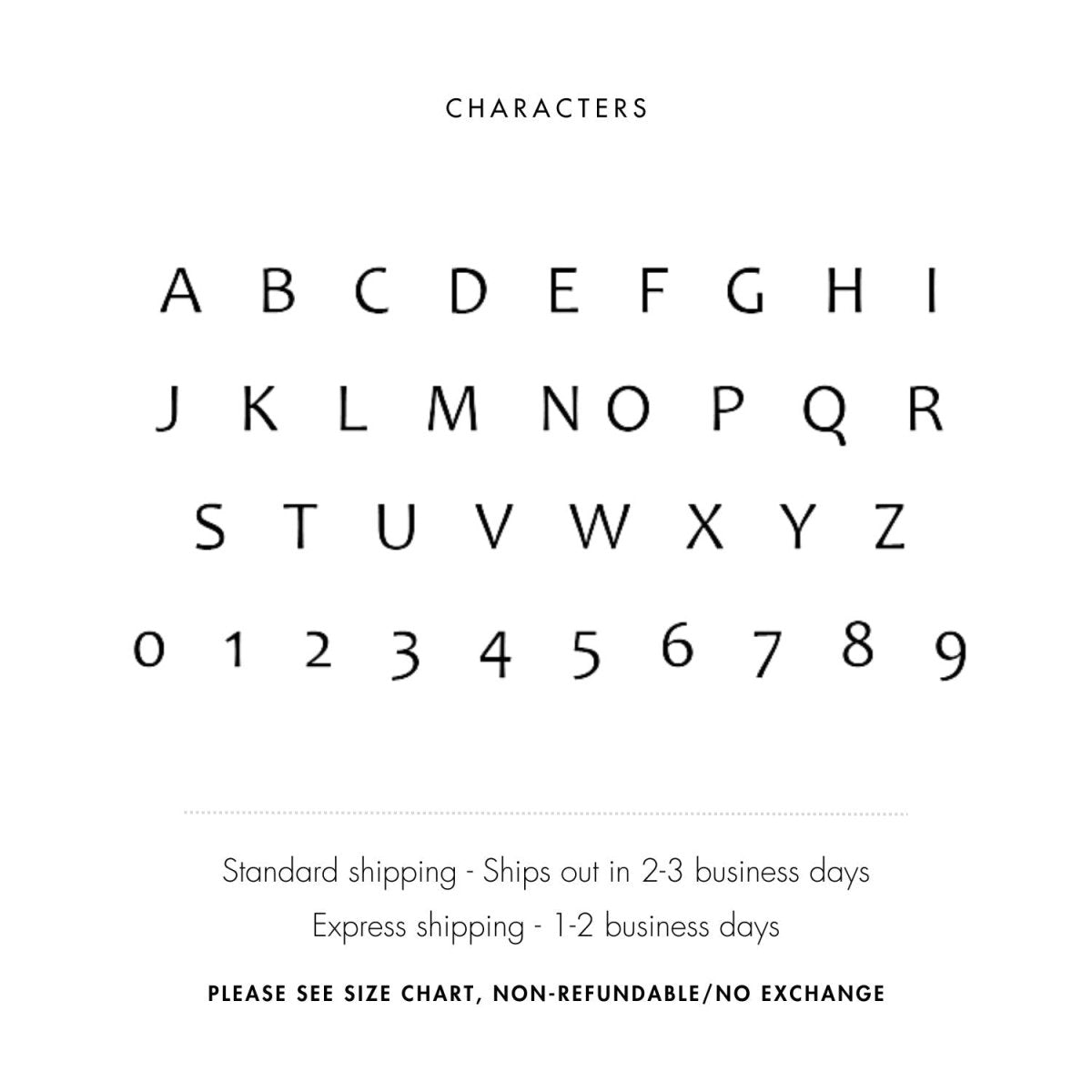Engraving font options and 15-character maximum guide for the ID bracelet