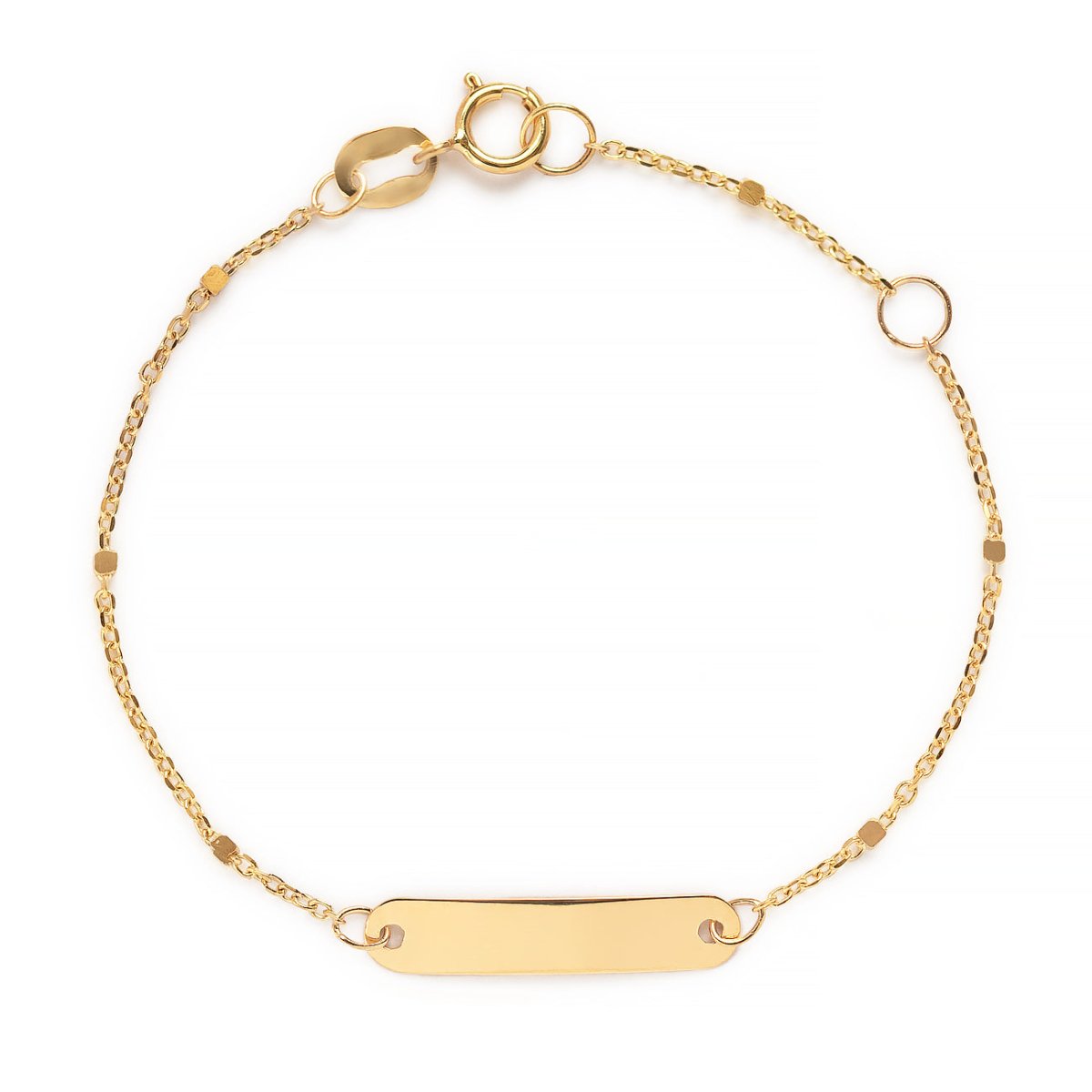 14K gold beaded-chain bracelet with a polished oval ID bar and spring-ring clasp, on a white background