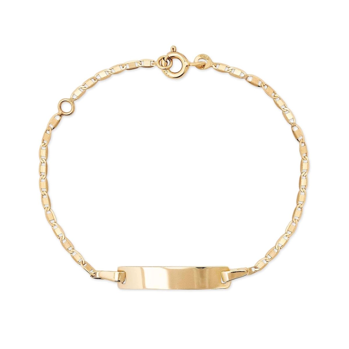 14K gold flat mariner-link bracelet with a polished ID bar and spring-ring clasp, on a white background