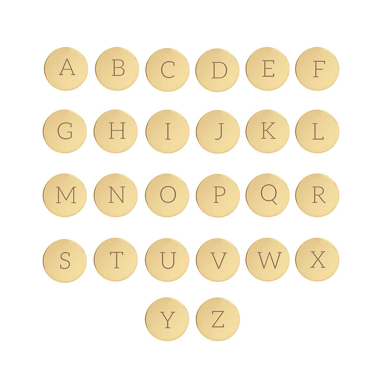 14K gold disc bracelet initial options guide showing engraved letters on a white background