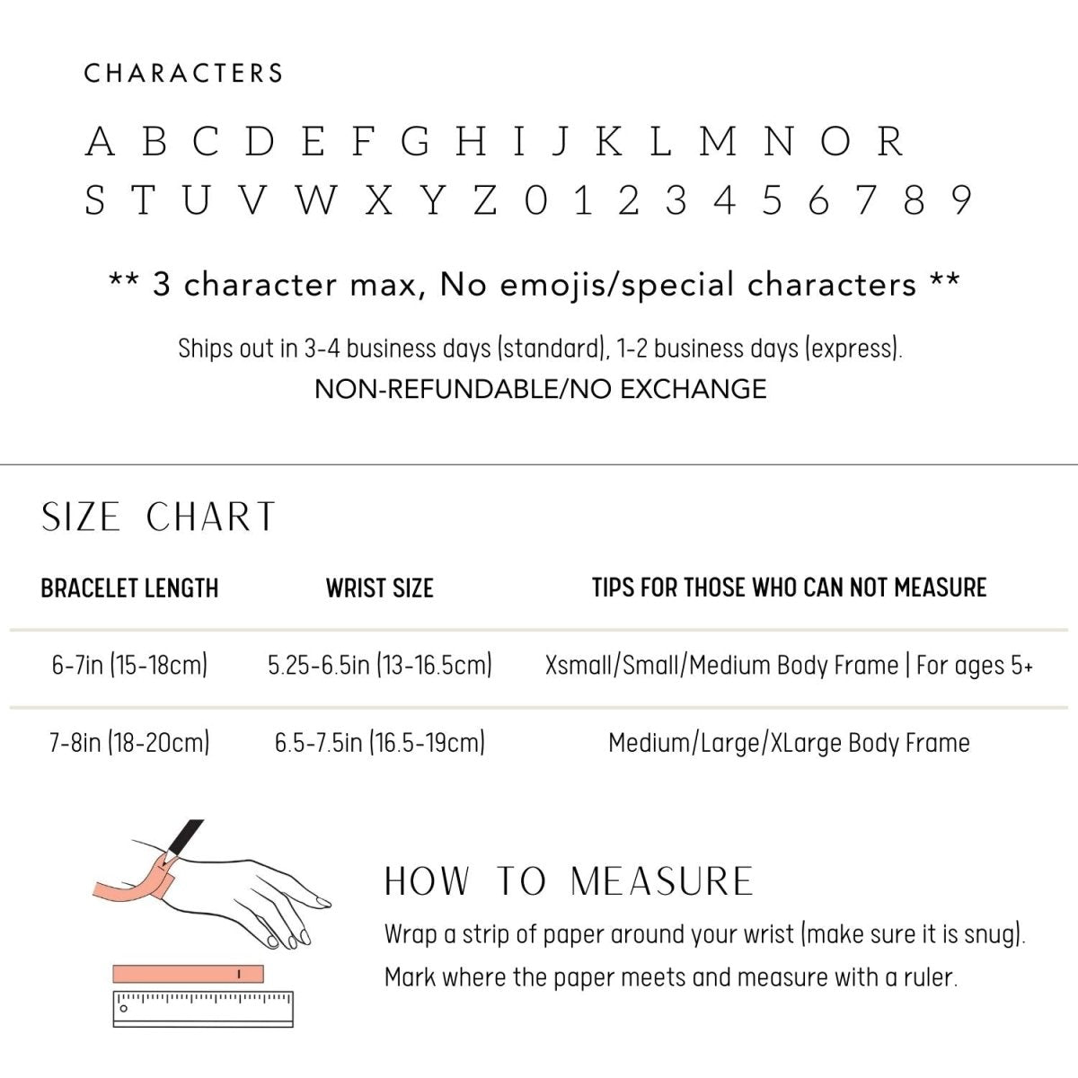 14K gold engraved disc bracelet size chart with character options and wrist measuring guide