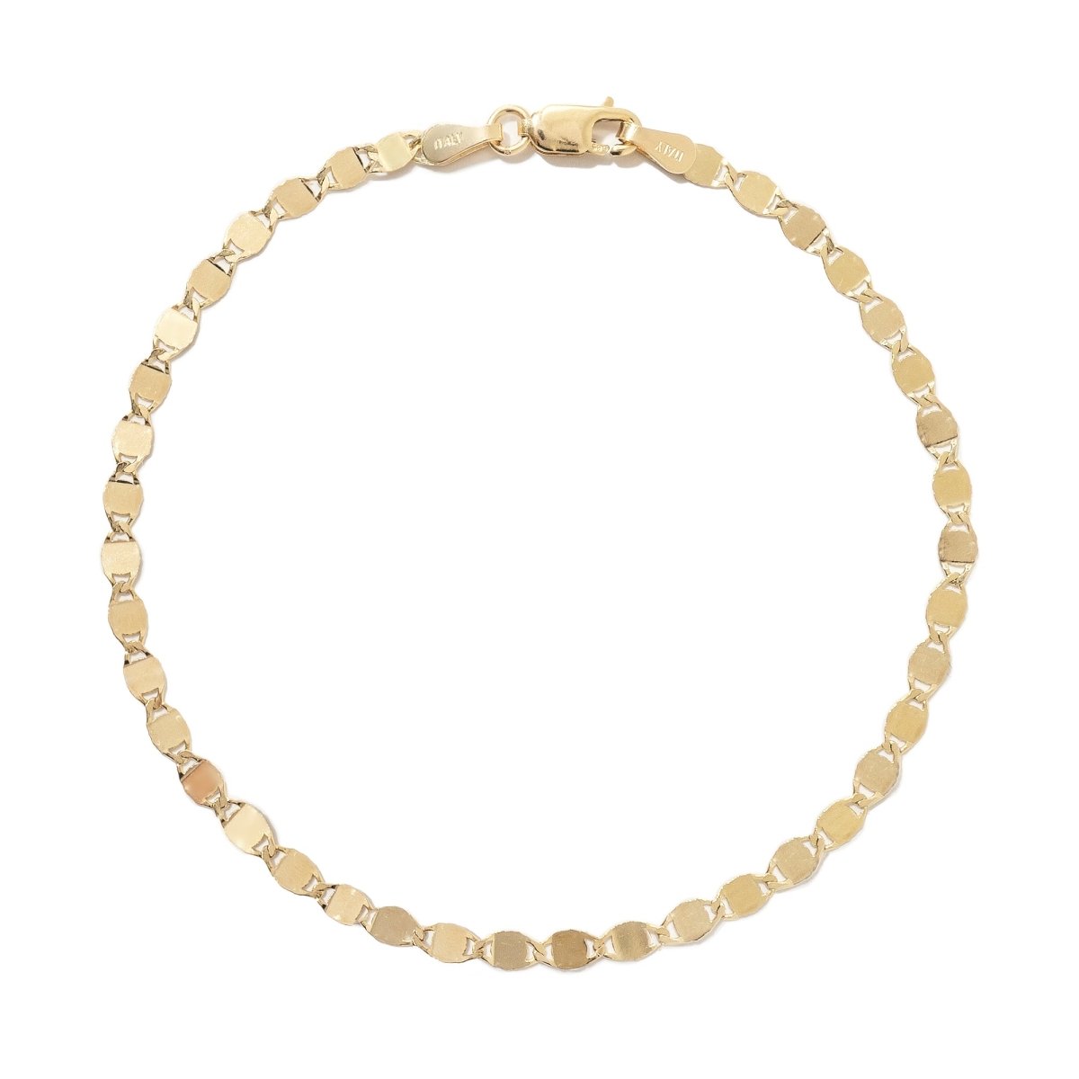 14K gold mirror chain bracelet with flat reflective links and a lobster clasp, on a white background
