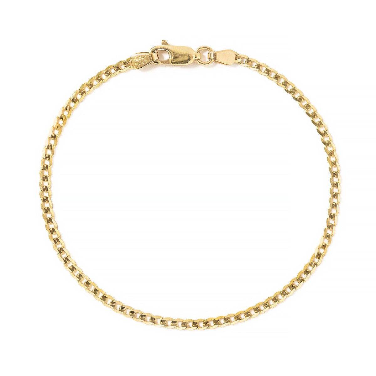 14K gold thin Cuban curb chain bracelet with a lobster clasp, on a white background
