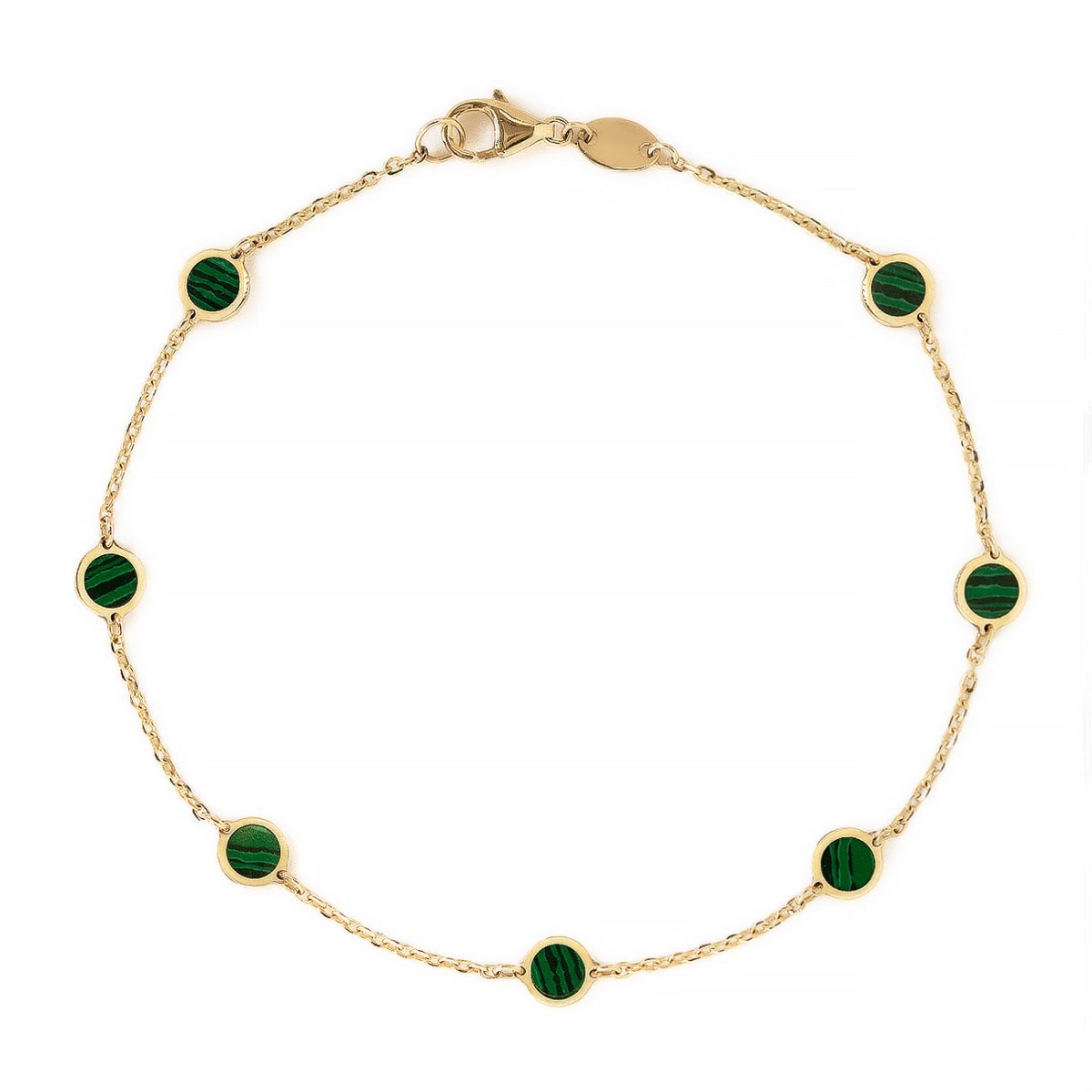 14K gold station chain bracelet with round green malachite discs and a lobster clasp, on white background