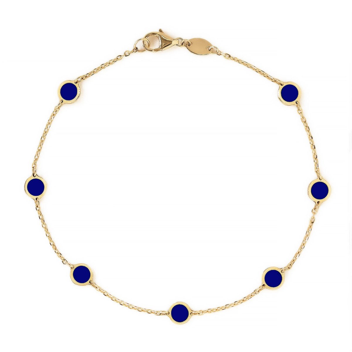 14K gold station chain bracelet with round lapis lazuli discs and a lobster clasp, on a white background