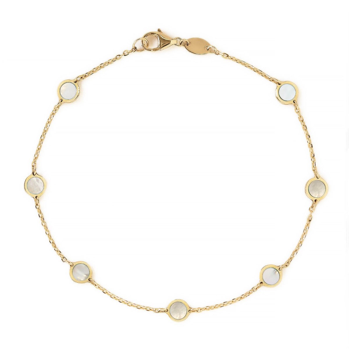 14K gold station chain bracelet with round mother of pearl discs and a lobster clasp, on white background
