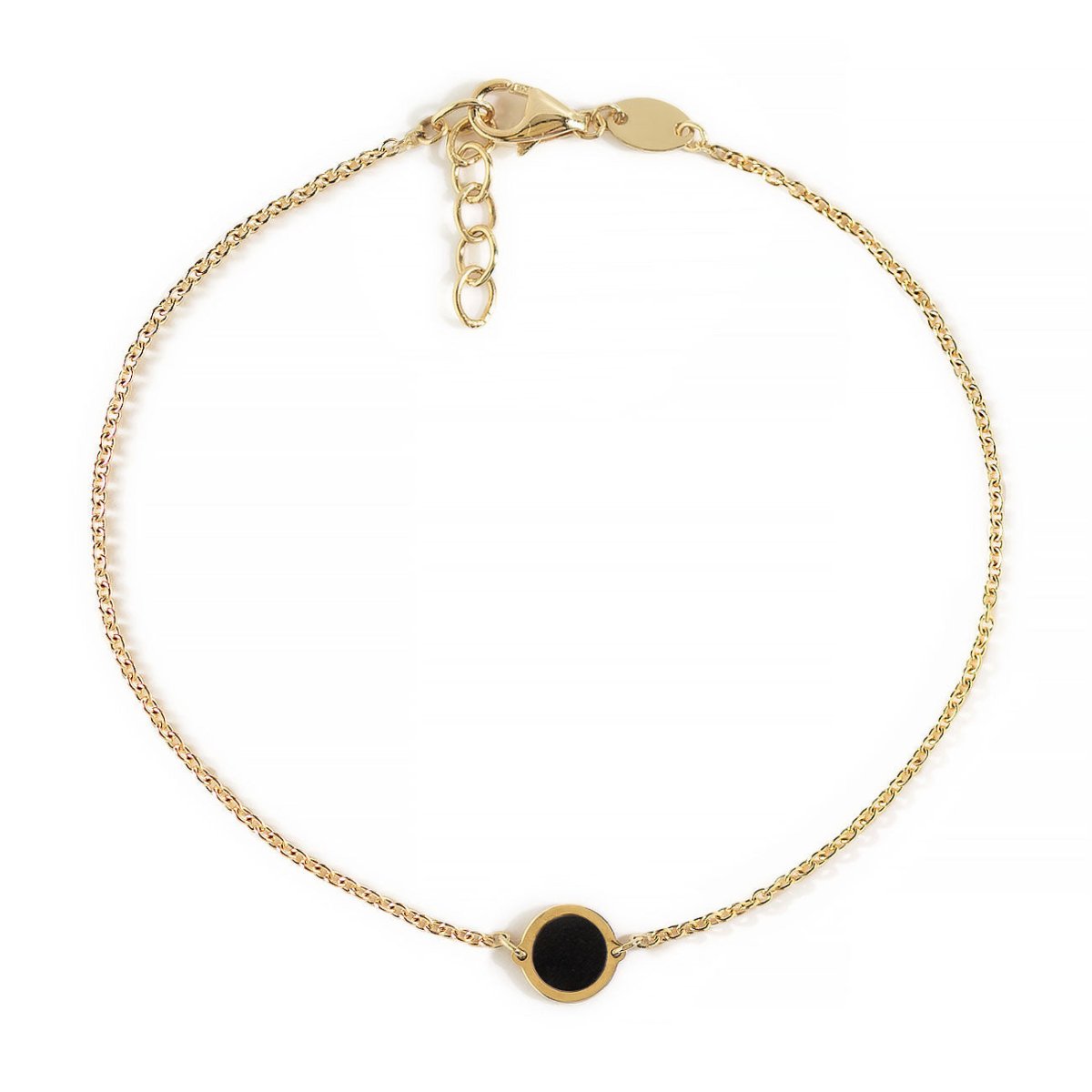 14K gold chain bracelet with a round black onyx disc and lobster clasp, on a white background
