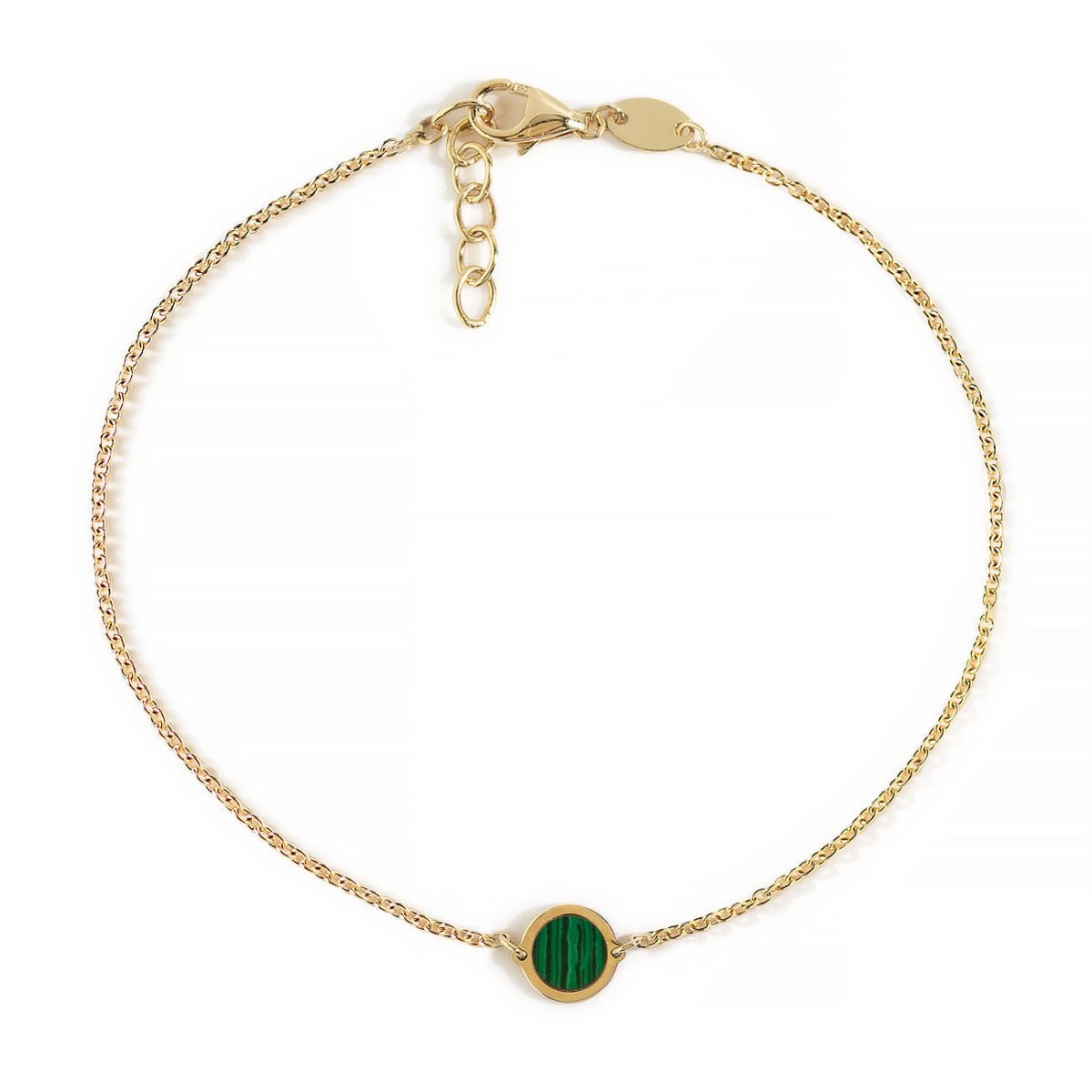 14K gold chain bracelet with a round malachite disc and lobster clasp, on a white background