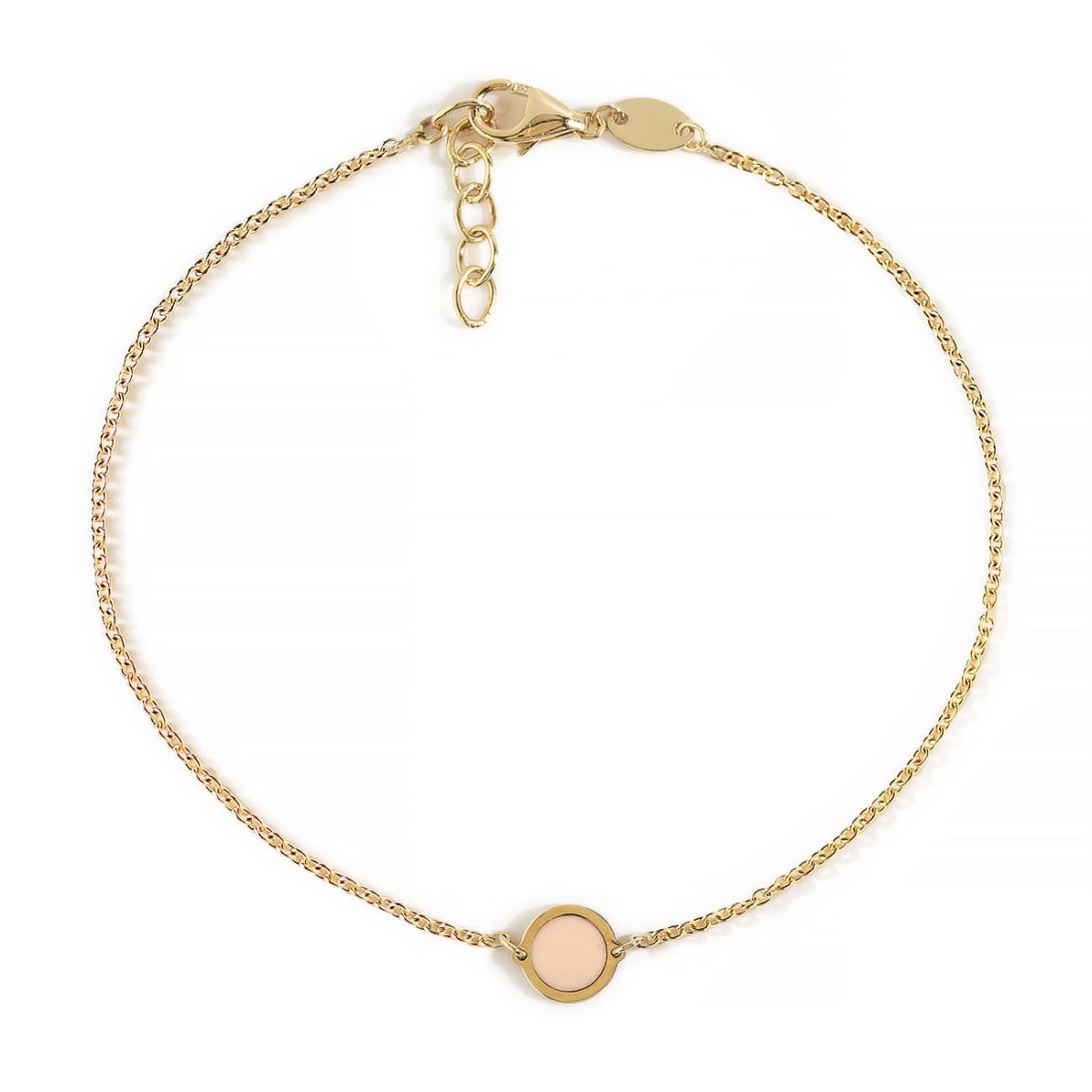 14K gold chain bracelet with a round pink rose quartz disc and lobster clasp, on a white background