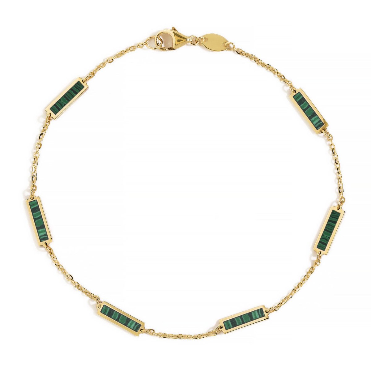 14K gold chain bracelet with green malachite bar stations and a lobster clasp, on a white background