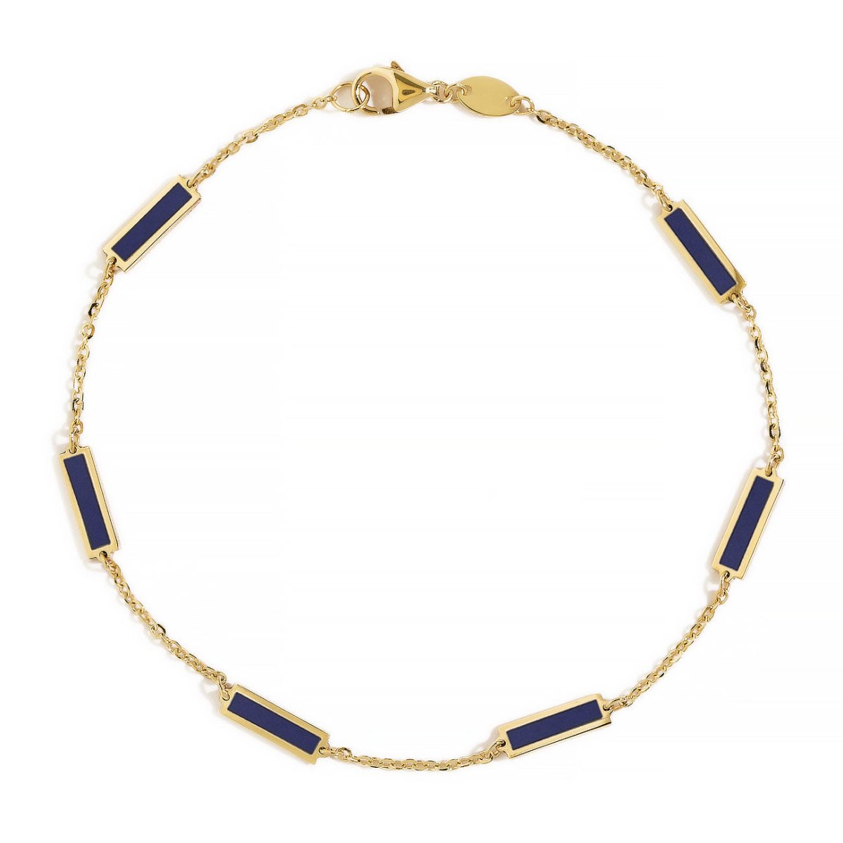 14K gold chain bracelet with blue lapis lazuli bar stations and a lobster clasp, on a white background