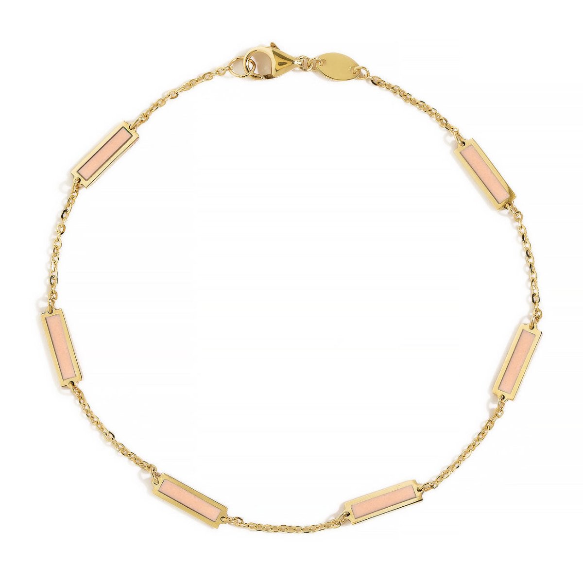 14K gold rose quartz bar bracelet with pale pink bar stations and a lobster clasp, on a white background