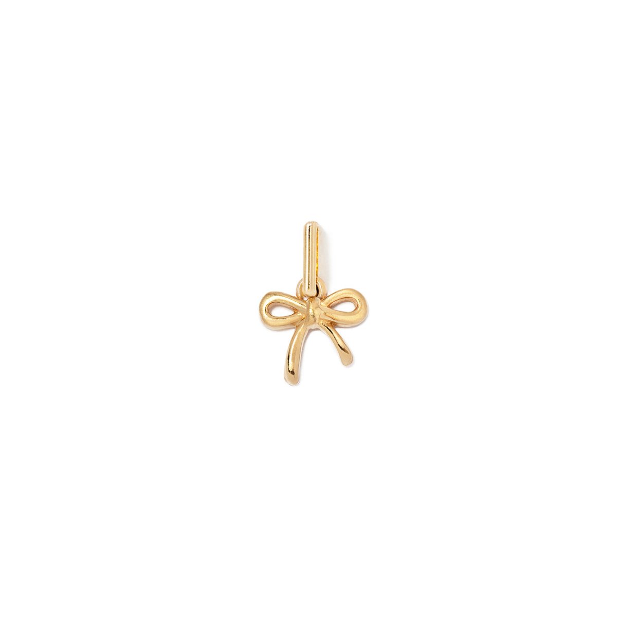 Gold vermeil bow-shaped charm pendant on a thin bar, on a white background