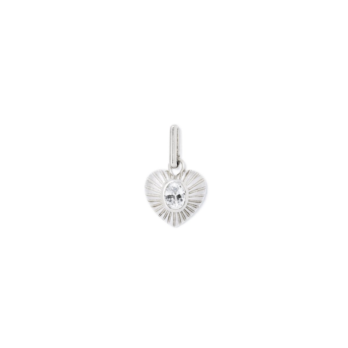 Sterling silver ridged heart charm with an oval white zirconia stone, on a white background