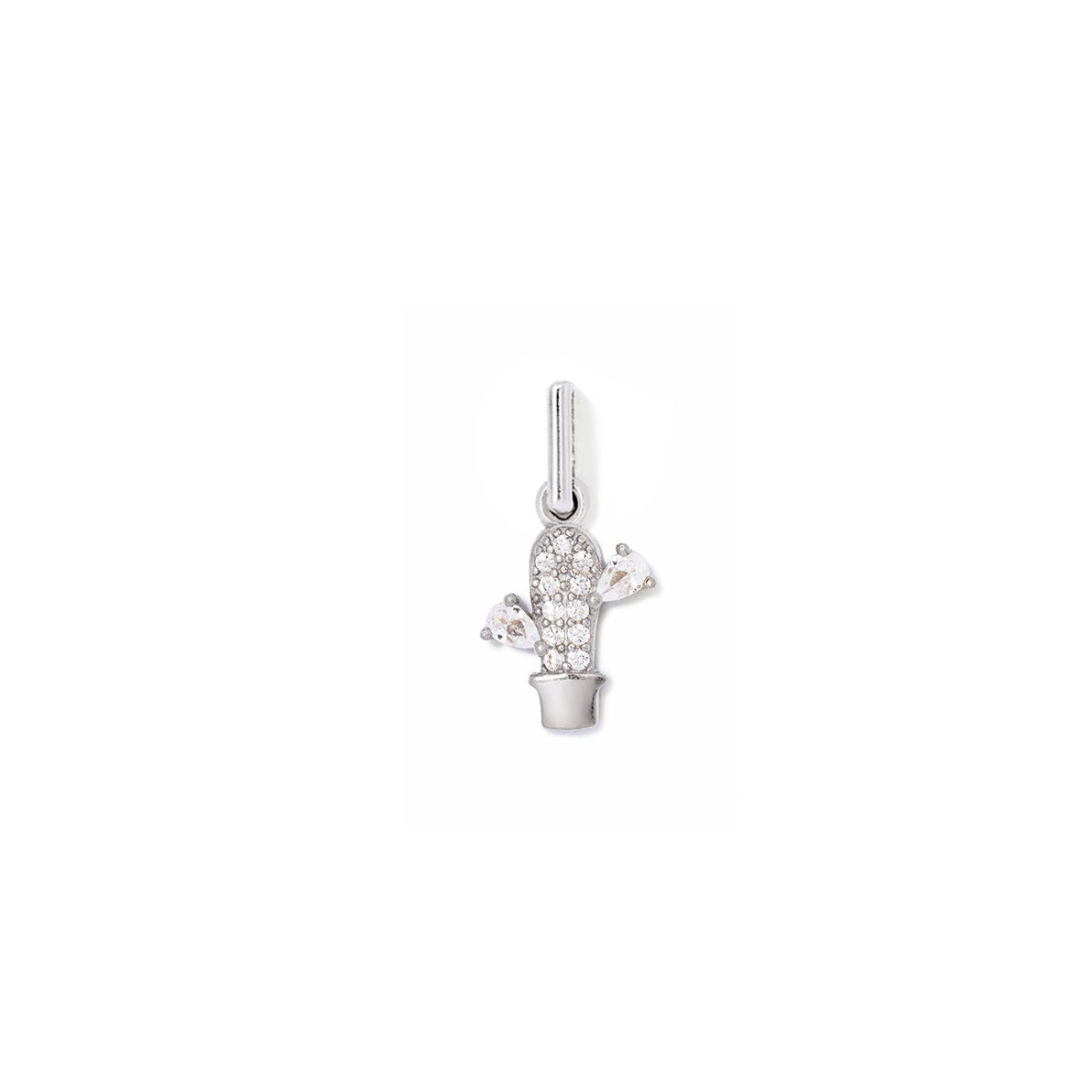 Sterling silver pavé cactus charm with white zirconia, on a white background
