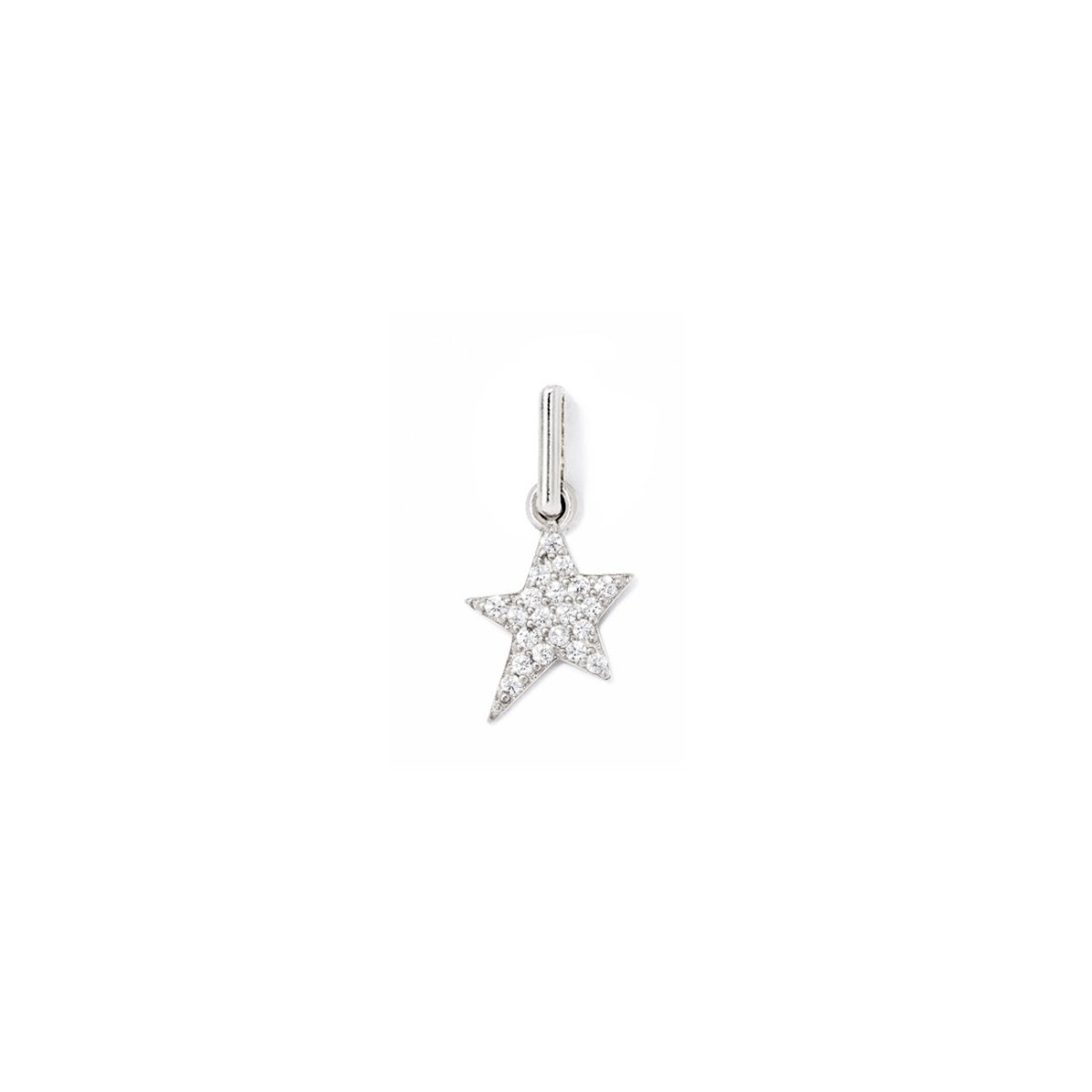 Sterling silver pavé star charm with clear stones, on a white background