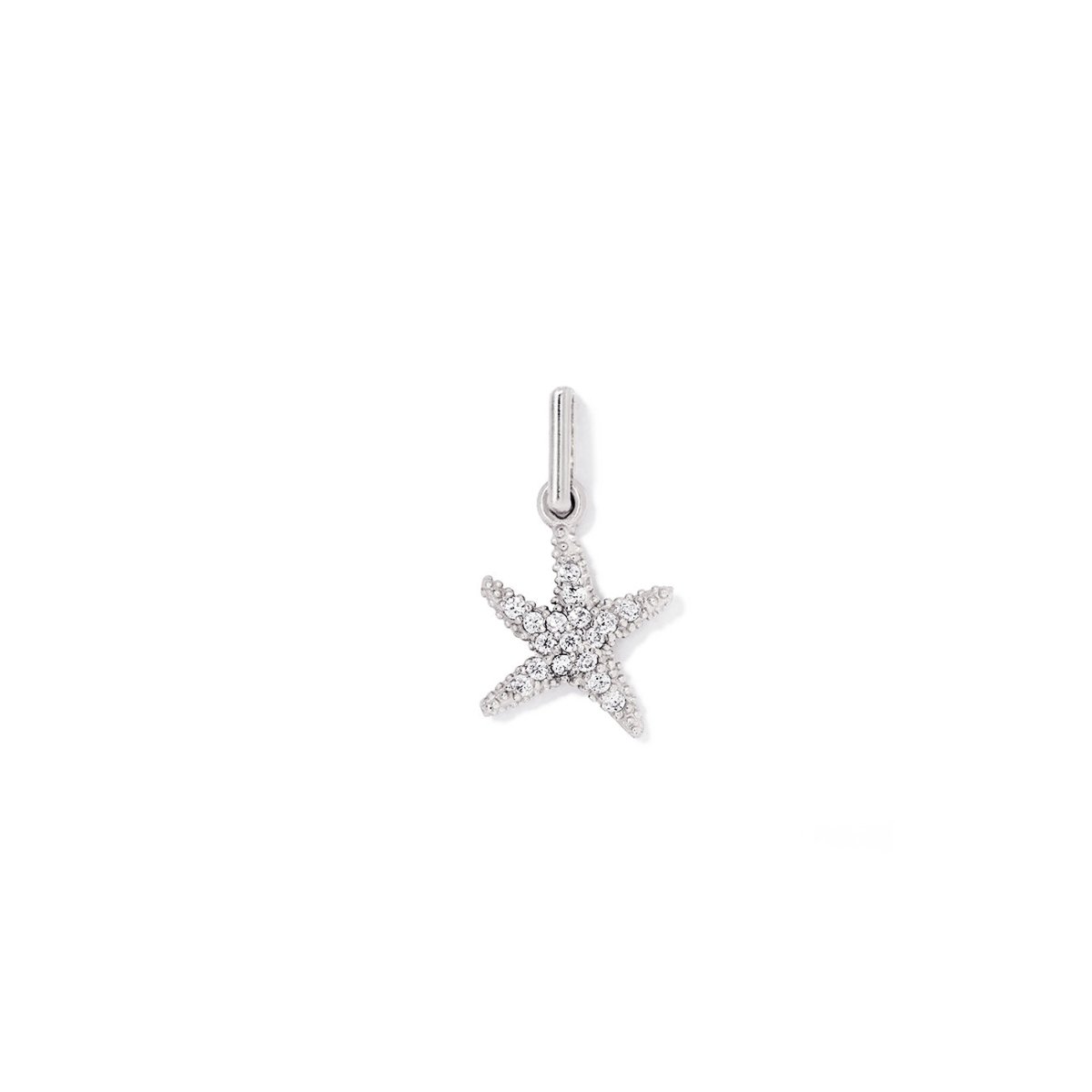 Sterling silver pavé starfish charm set with white zirconia stones, on a white background