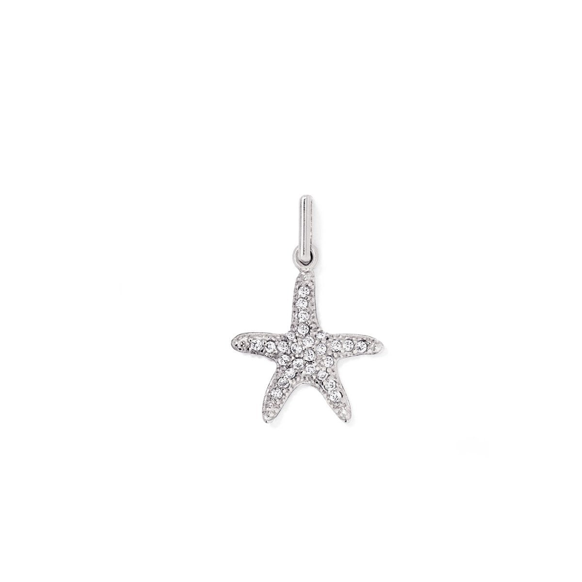 Sterling silver pavé starfish charm set with white zirconia stones, on a white background