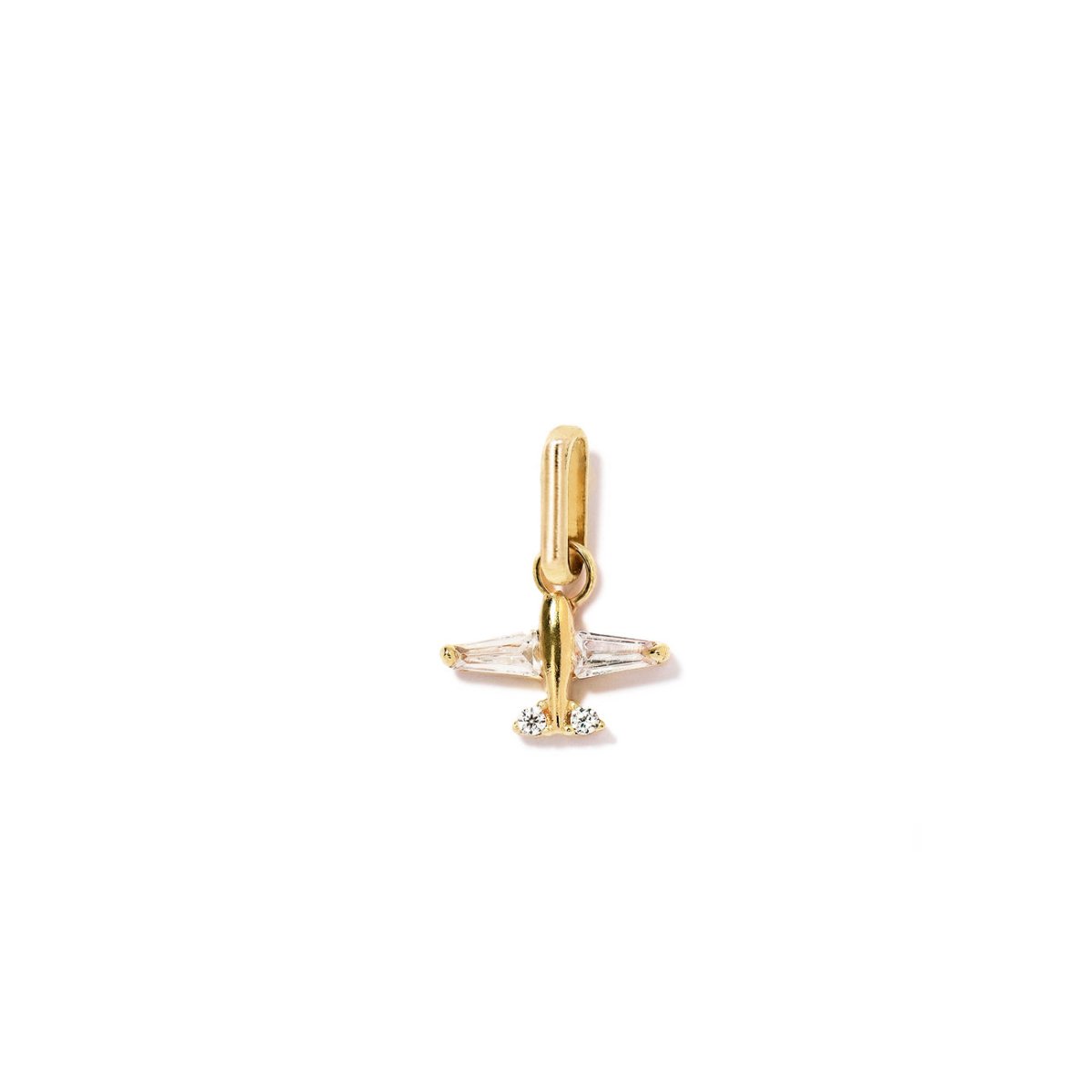Gold vermeil airplane charm with white zirconia wings, on a white background
