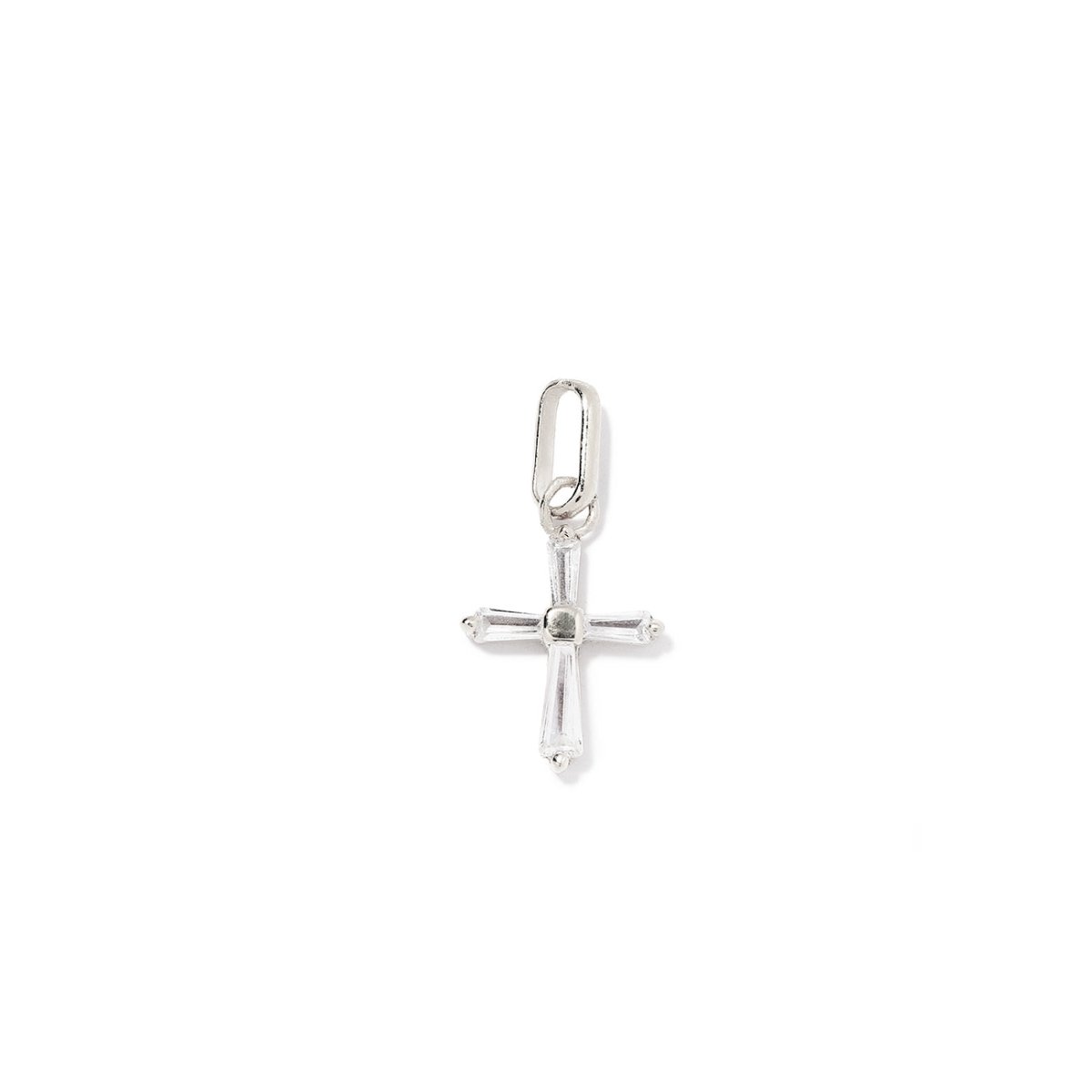 Sterling silver cross charm pendant set with clear baguette stones, on a white background