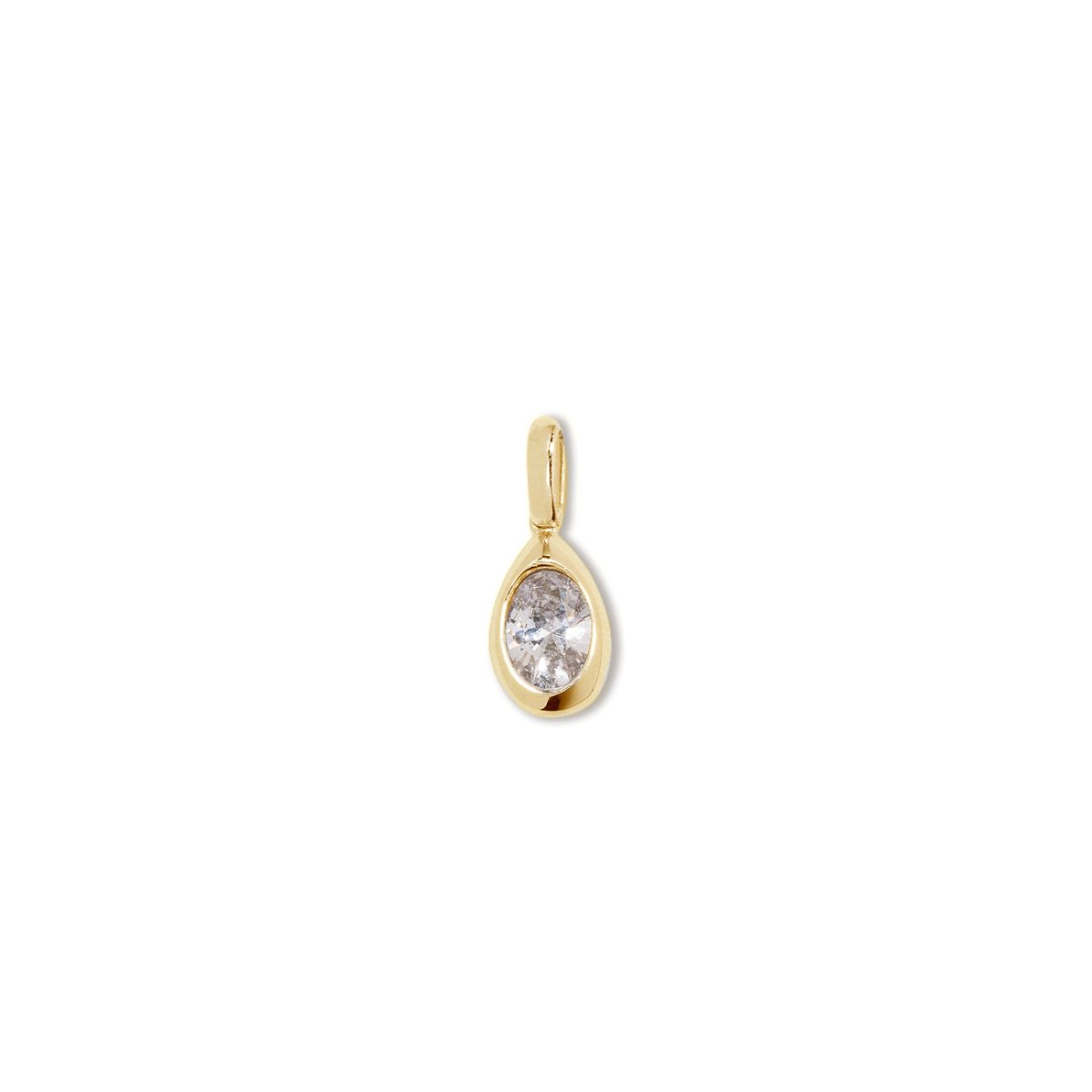 Gold vermeil pear gemstone charm with a bezel-set clear stone, on a white background