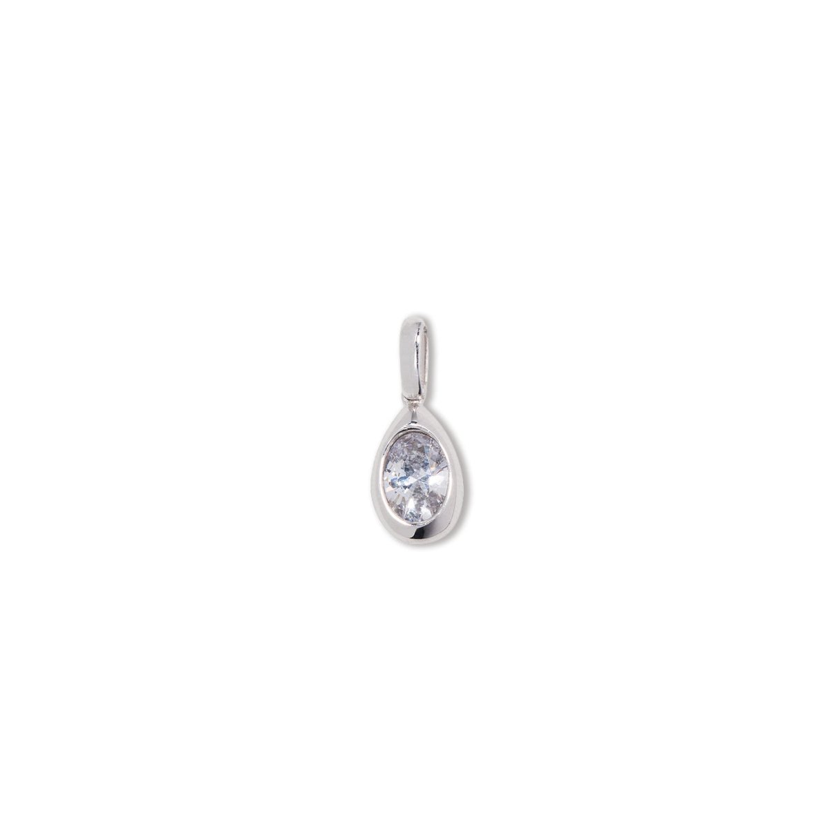 Sterling silver pear-shaped charm with a bezel-set clear stone, on a white background