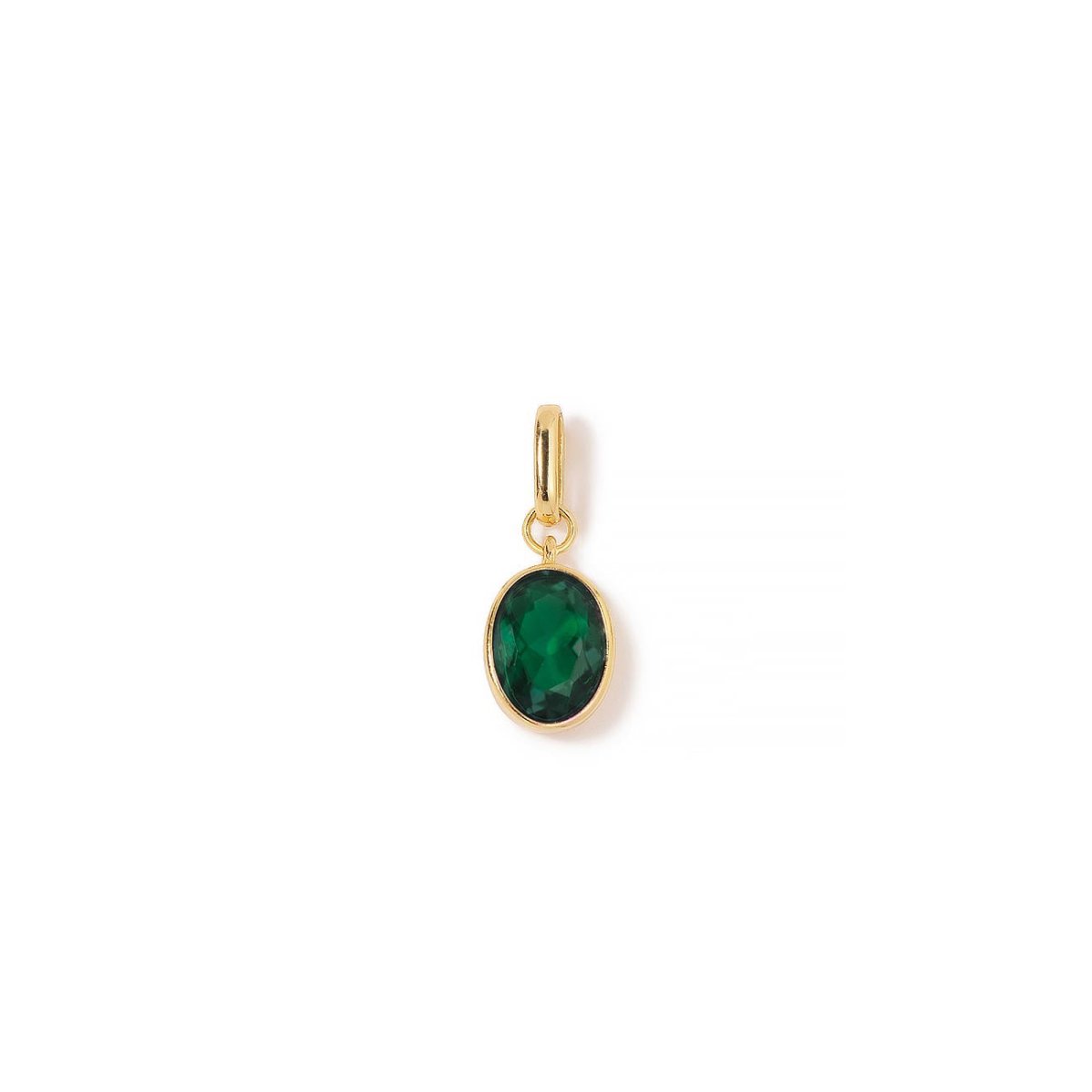 Gold vermeil oval charm with a bezel-set emerald-green stone, on a white background